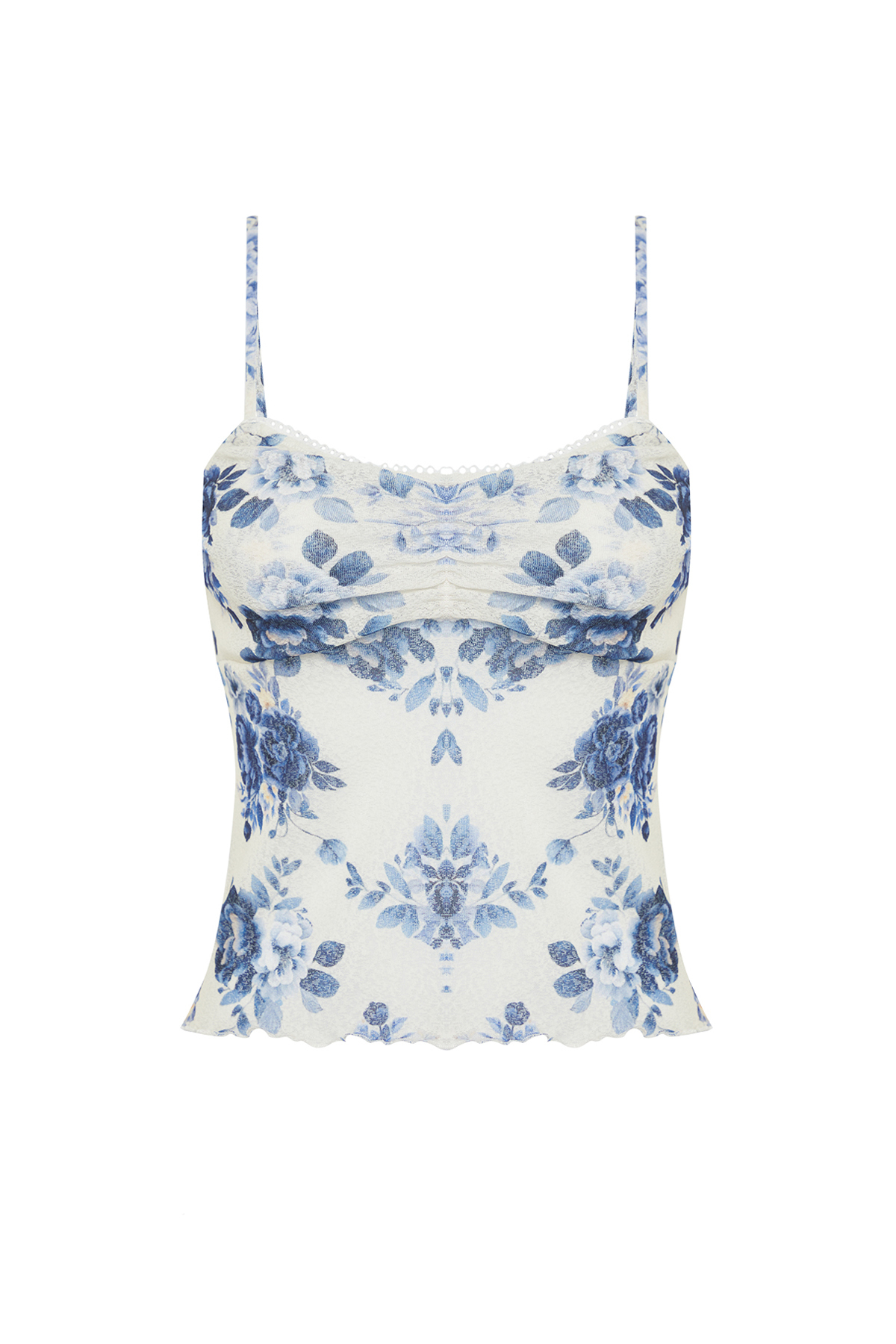 Trendyolmilla  Mavi Çiçek Baskılı Ayarlanabilir Askılı Dokulu Askılı Esnek Örme Bluz TWOSS24BZ00425 - Görsel 7