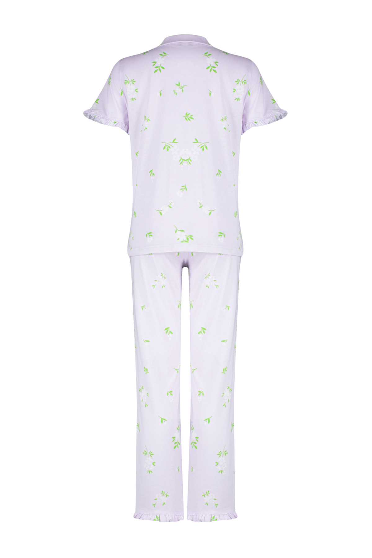 Trendyolmilla  Pembe-Çok Renkli %100 Pamuklu Çiçekli Fırfır Detaylı Örme Pijama Takımı THMSS24PT00227 - Görsel 8