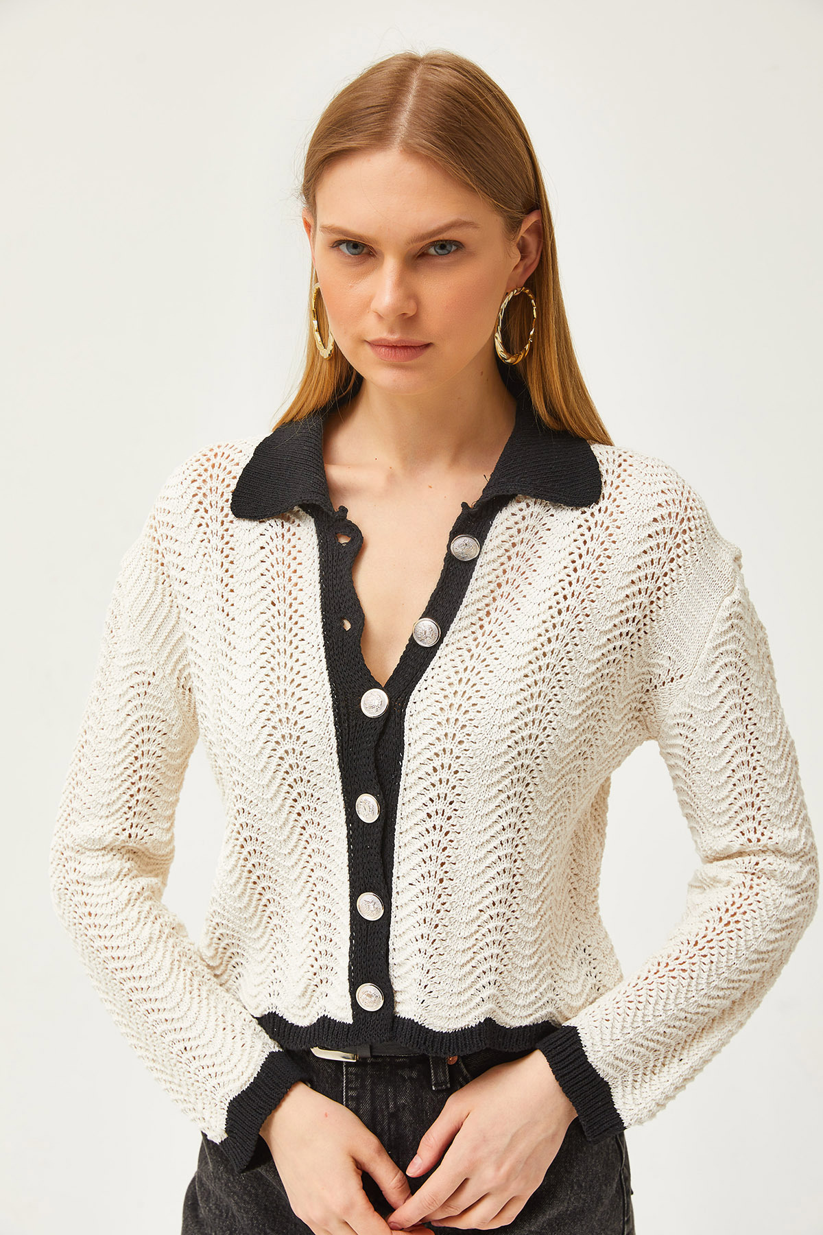 Olalook-Saisonale Strickjacke aus ecrufarbener Baumwolle mit Polokragen und Streifen für Damen HRK-19000285 5