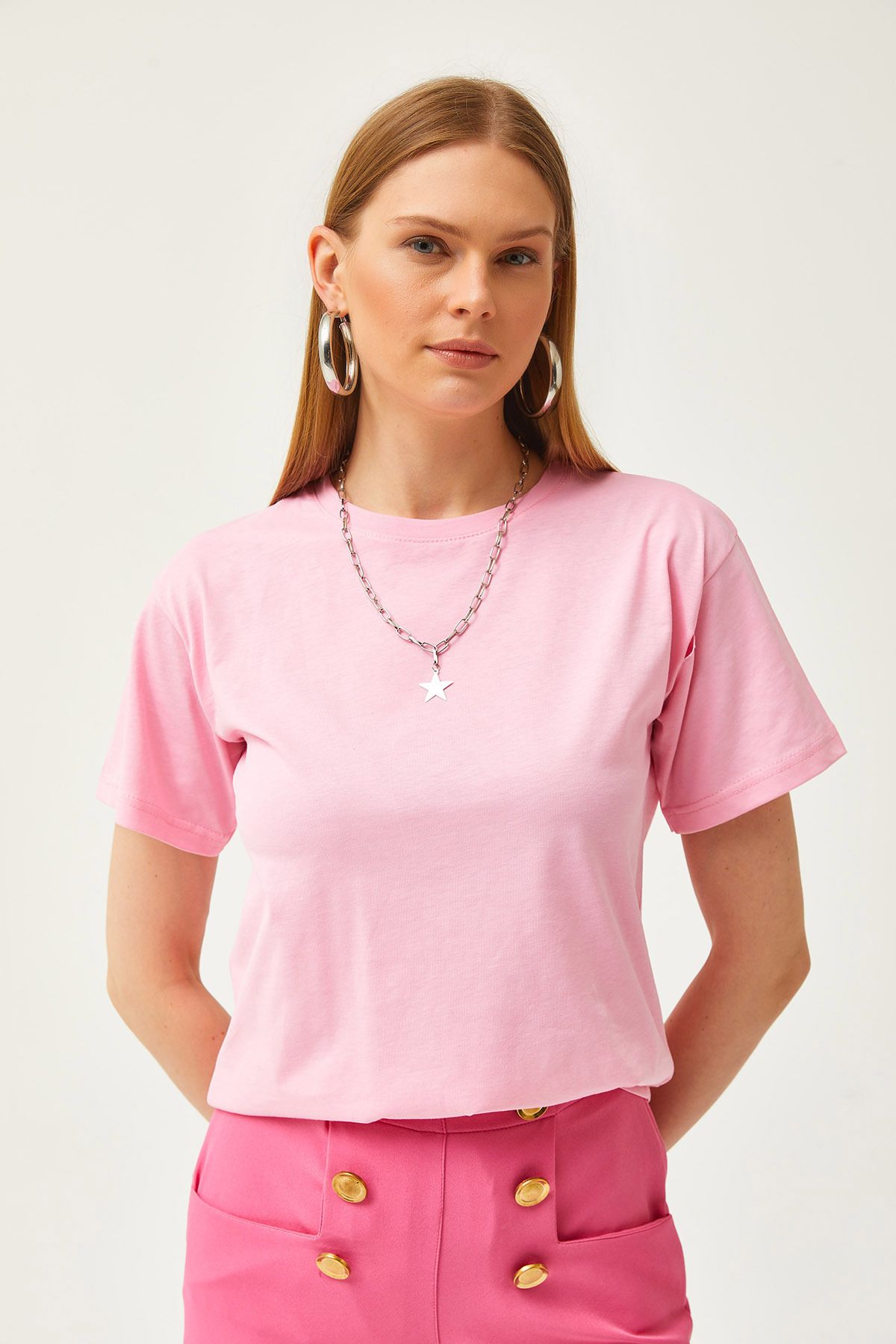 Olalook-Women's Pink Crew Neck Basic T-Shirt TSH-19000774 5