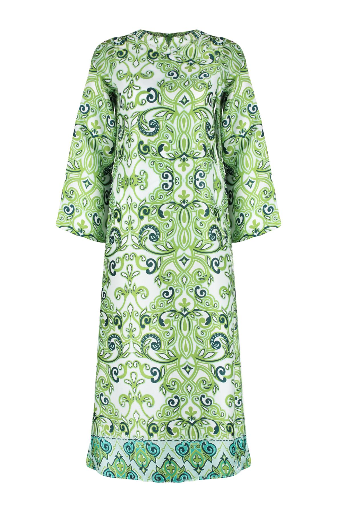 Trendyol Modest-Grünes Satin-Abendkleid mit ethnischem Muster, Jalabiya-Kleid TCTSS23DB00028 7