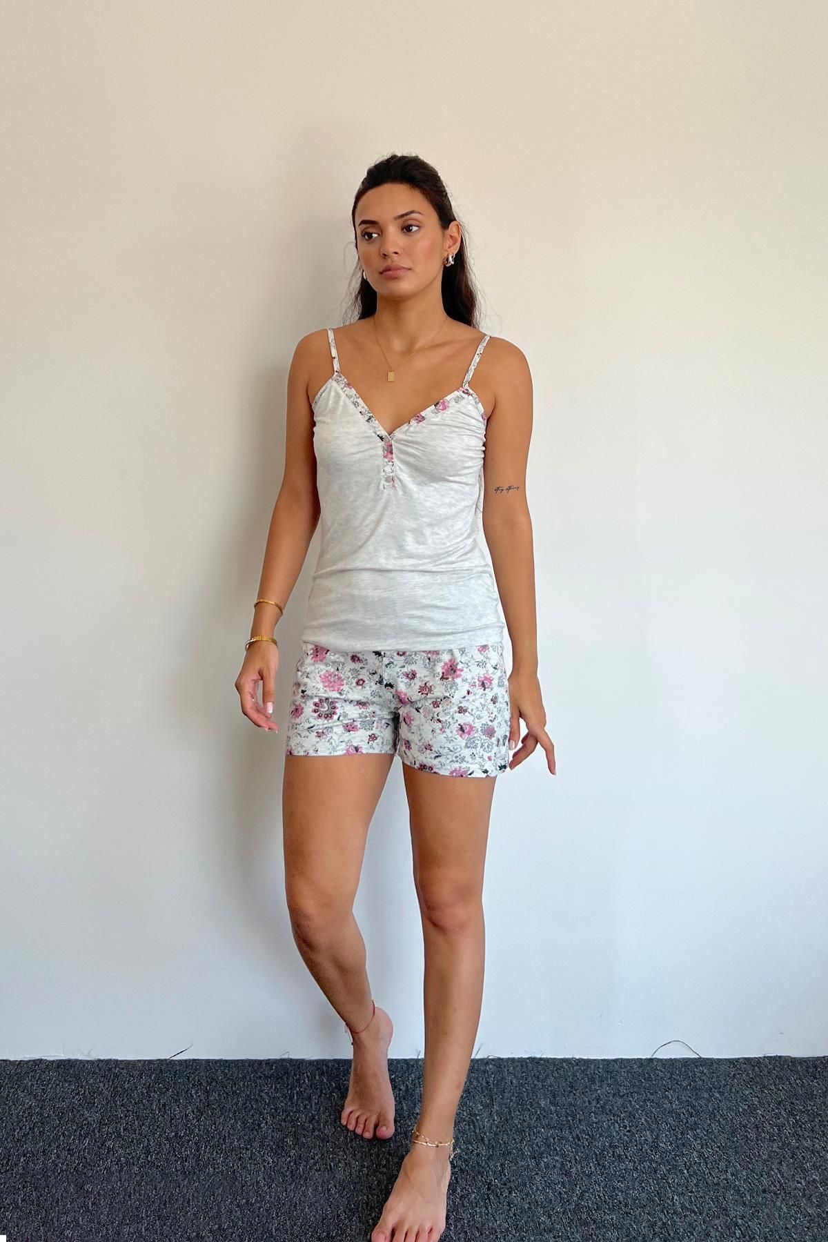 misigo-Floral Patterned Buttoned Front Strappy Shorts Set Gray 2