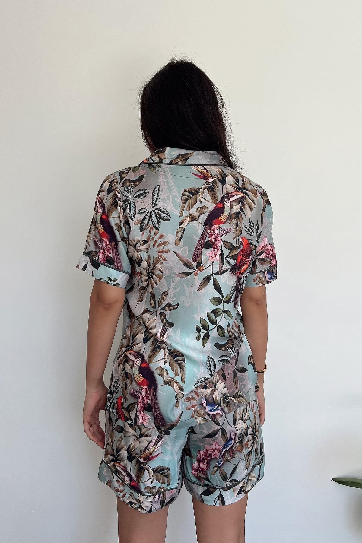 misigo-Leaf and Bird Patterned Buttoned Front Shorts Set Green 5