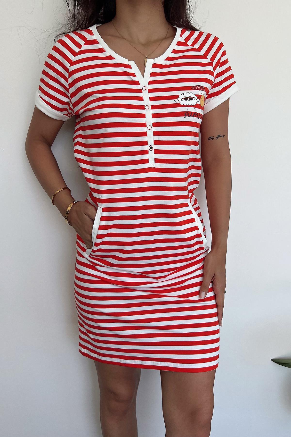 misigo Çizgi Desenli Güneş Ve Bulut Baskılı "summer" Gecelik Kırmızı-beyaz