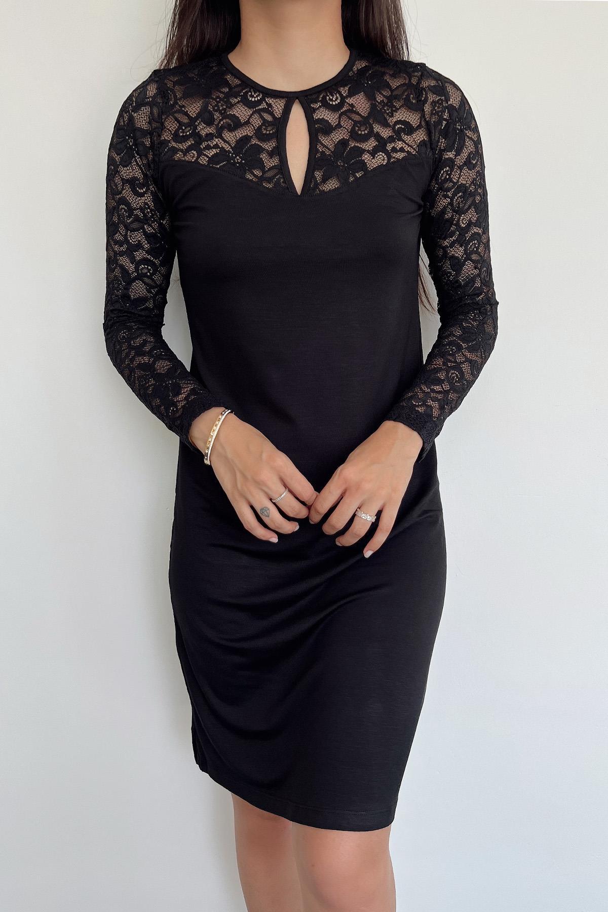 misigo Yakası Damla Detaylı Dantelli Gecelik Siyah