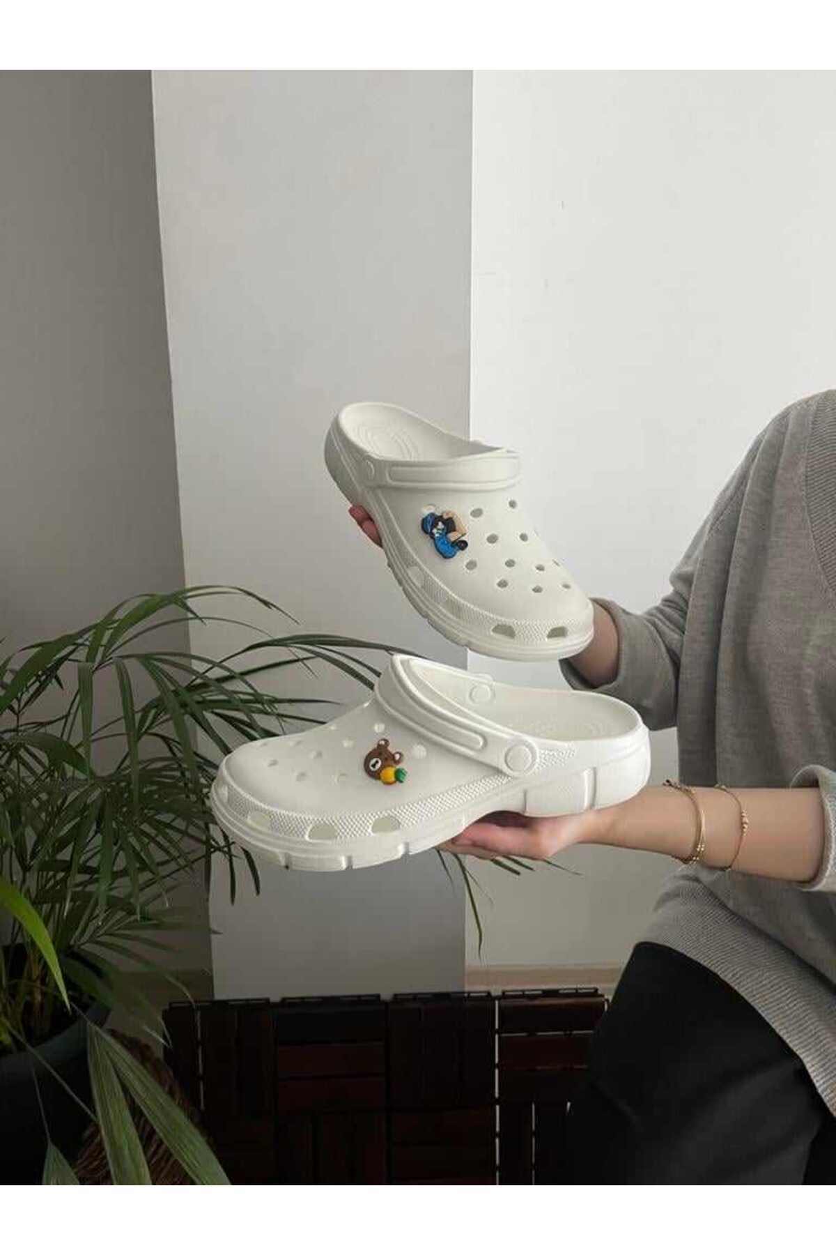 Behtah Kundura Unisex Önü Kapalı Yumuşak Taban Hemşire Aşcı Sahil Plaj Terlik ( Karma 2 Süs )