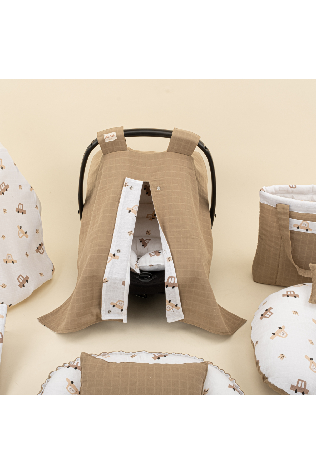 Yunikobaby Müslin 18 Parça Puset Seti,Babynest,Emzirme Yastığı ve Önlüğü - Toprak Muslin - Kahverengi Arabalar fotoğrafı 3 (önizleme)
