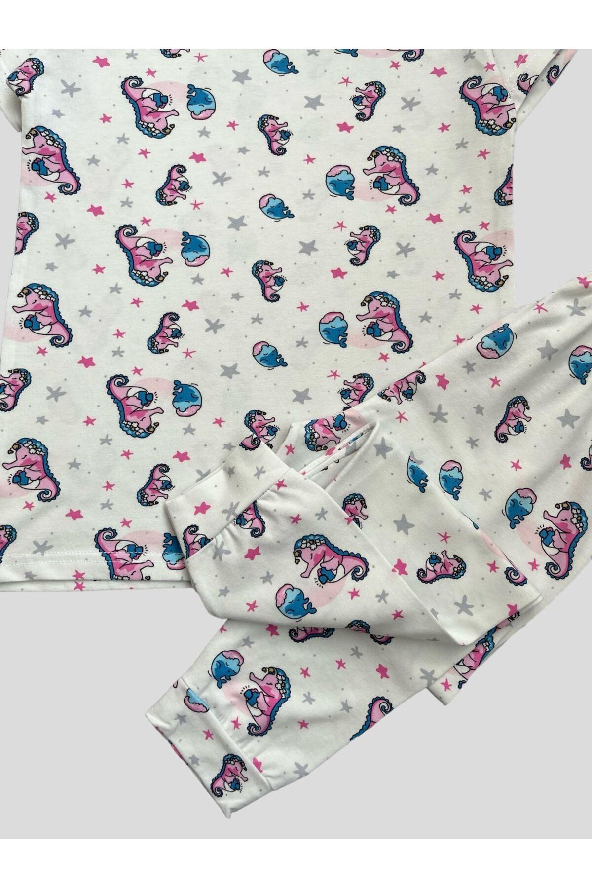 elmas kids Kız Çocuk %100 Pamuklu Deniz Atı Desenli Beyaz Kısa Kollu Yazlık Pijama Takımı fotoğrafı 3 (önizleme)