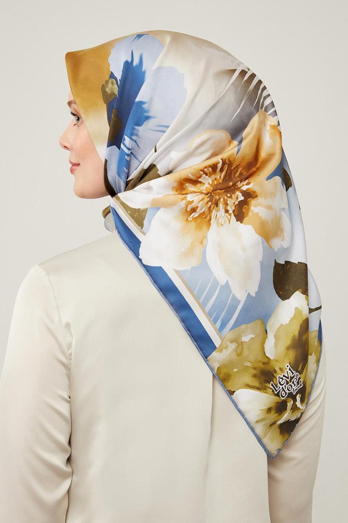 روسری آبی Twill Trend الگوی گل Saks Levidor