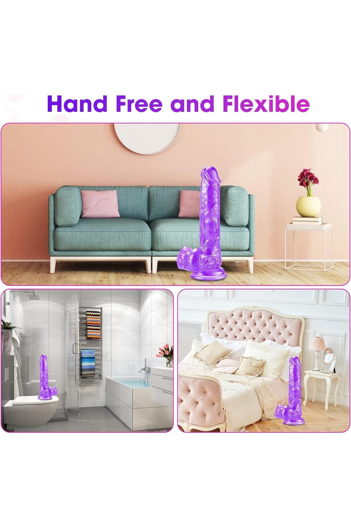 Mor Gerçekçi Yumuşak Esnek Jel Dokuda 18 cm Penis Vajina Anal Kullanılabilen Güçlü Vantuzlu Dildo 5
