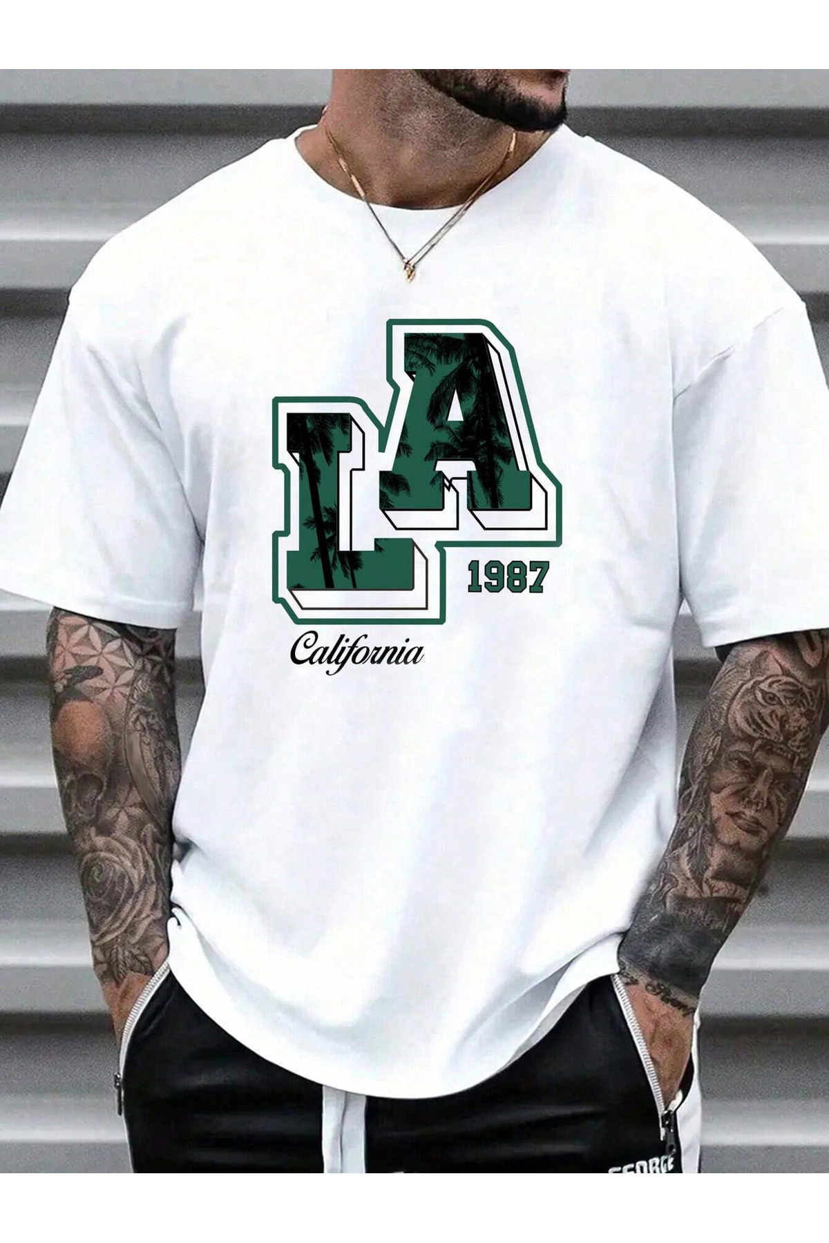 T-shirt- LA 1987 Printed Oversized Crew Neck Short Sleeve T-Shirt