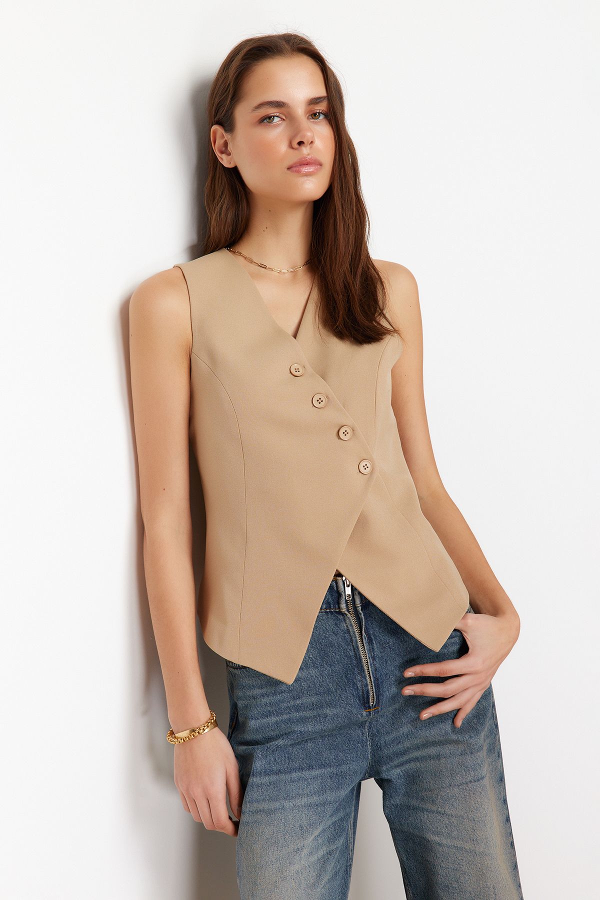 Trendyol Collection-Mink Regular Buttoned Woven Vest TWOSS24YE00007 3