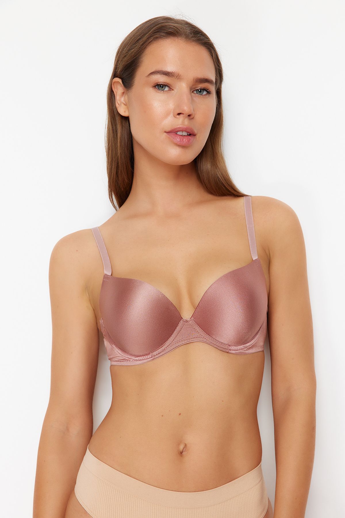 Trendyol Collection-Brauner und mehrfarbiger 3er-Pack Micro String Strap gepolsterter/geraffter Push-Up-Strick-BH 3