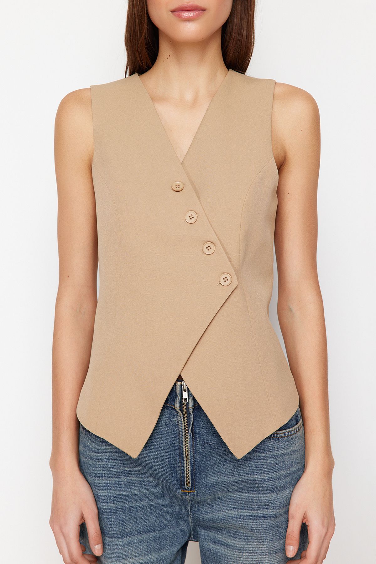 Trendyol Collection-Mink Regular Buttoned Woven Vest TWOSS24YE00007 4