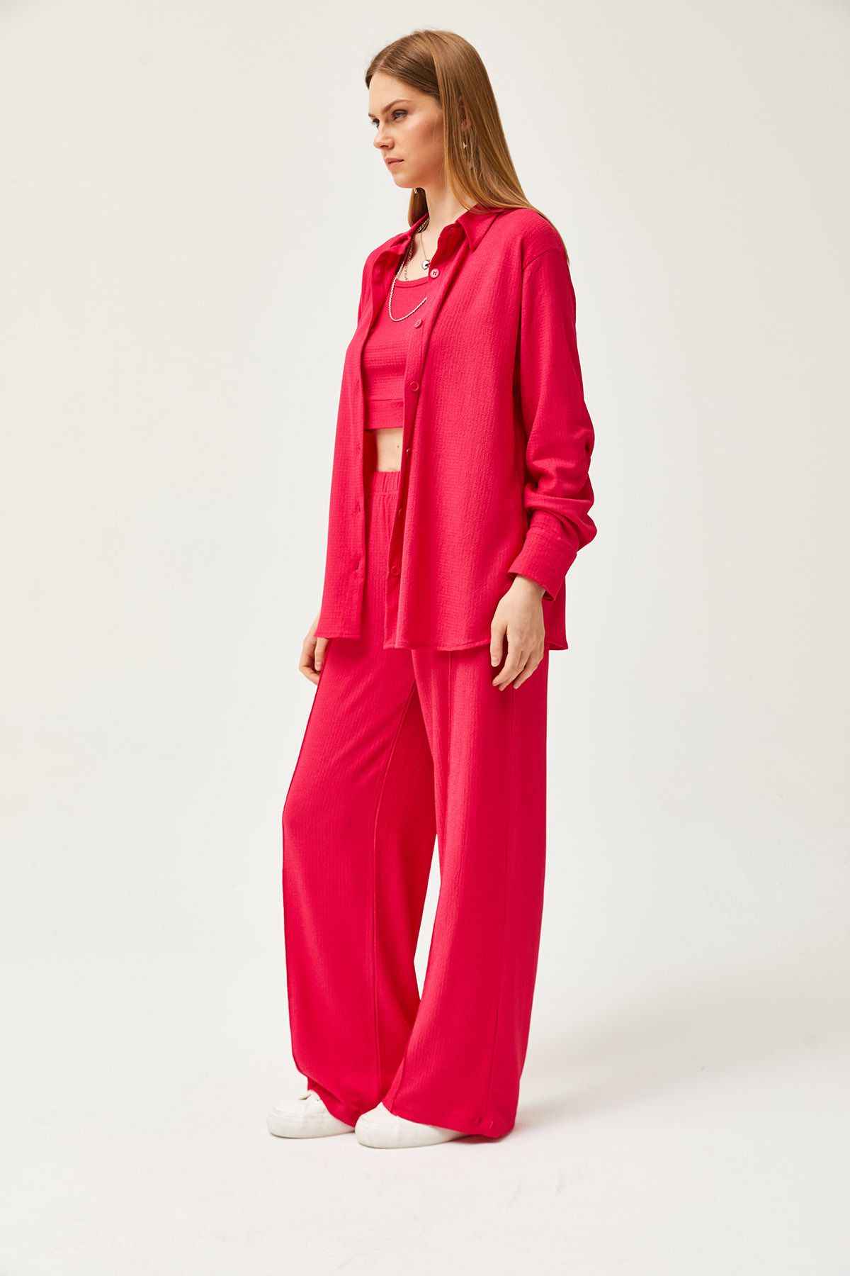 Olalook-Damen-Hemdblusen-Hosen-Set in Fuchsia, 3-teilig, TKM-19000270 6