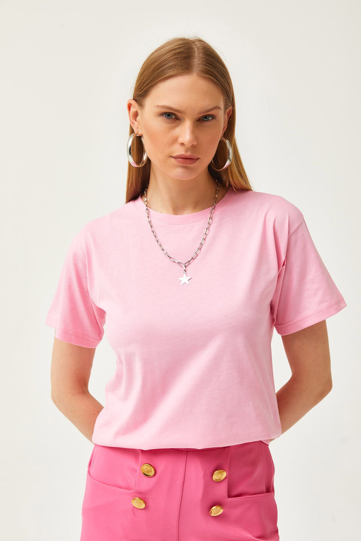 Olalook-Women's Pink Crew Neck Basic T-Shirt TSH-19000774 2