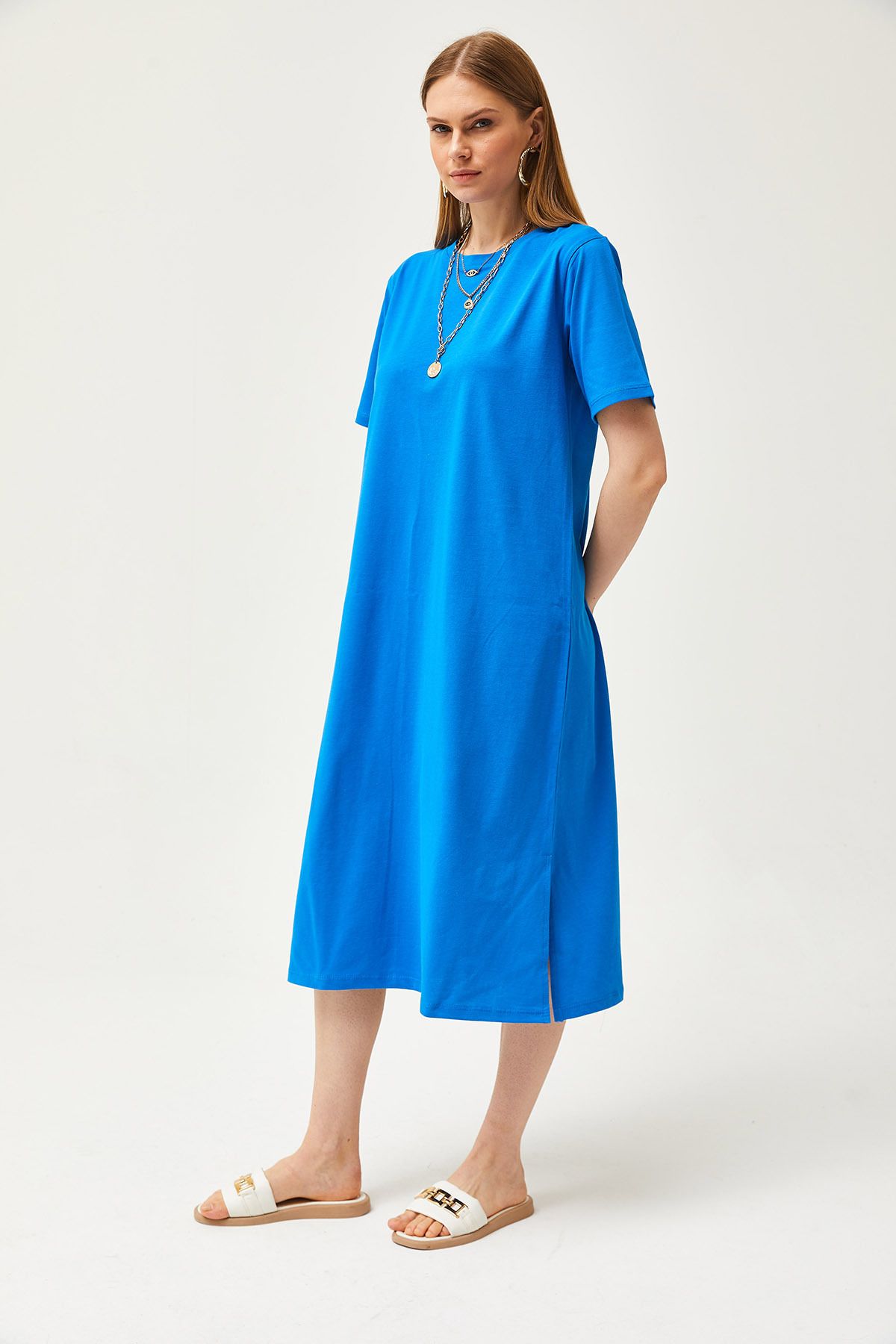 Kadın Saks Mavi Yanı Yırtmaçlı Oversize Pamuk Elbise ELB-19001880