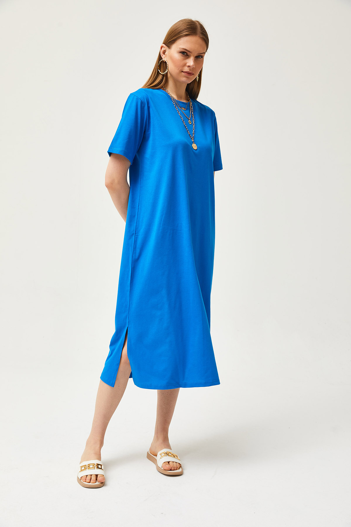 Kadın Saks Mavi Yanı Yırtmaçlı Oversize Pamuk Elbise ELB-19001880