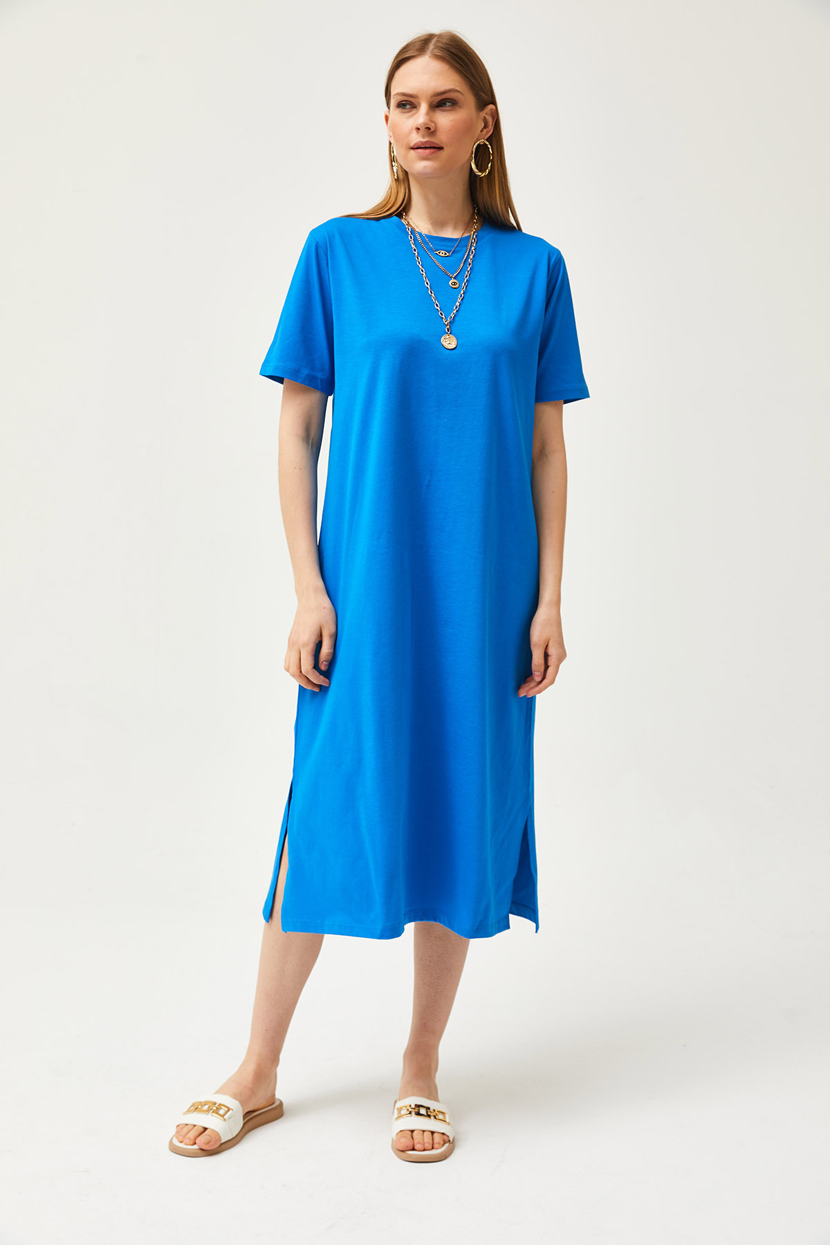 Kadın Saks Mavi Yanı Yırtmaçlı Oversize Pamuk Elbise ELB-19001880