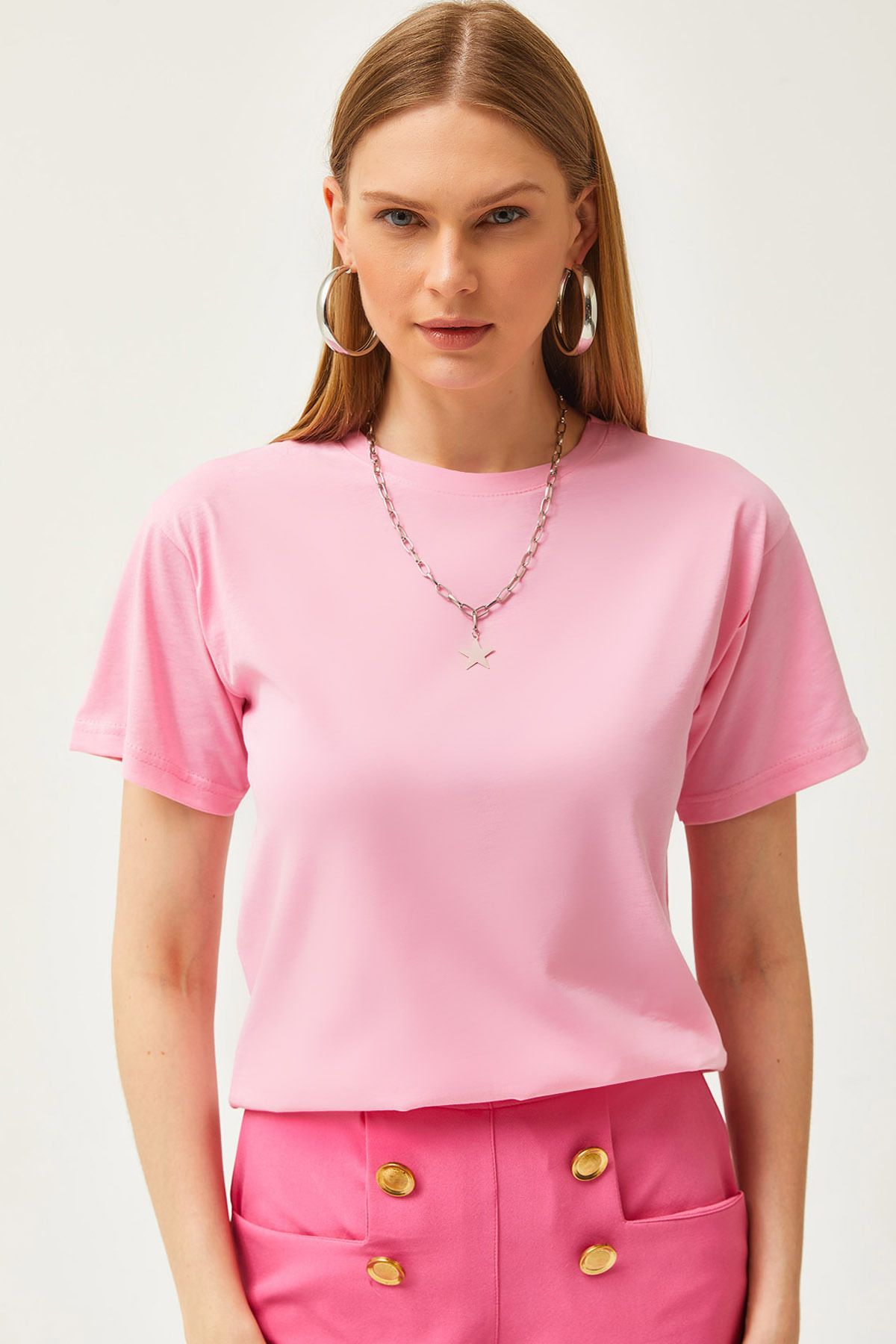 Olalook-Women's Pink Crew Neck Basic T-Shirt TSH-19000774 1