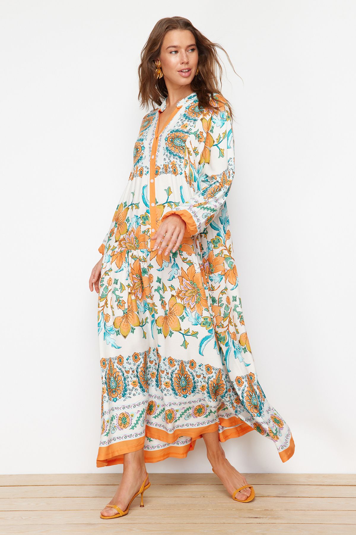 Trendyol Modest-فستان منسوج من الفيسكوز باللون البرتقالي TCTSS24EB00221 2