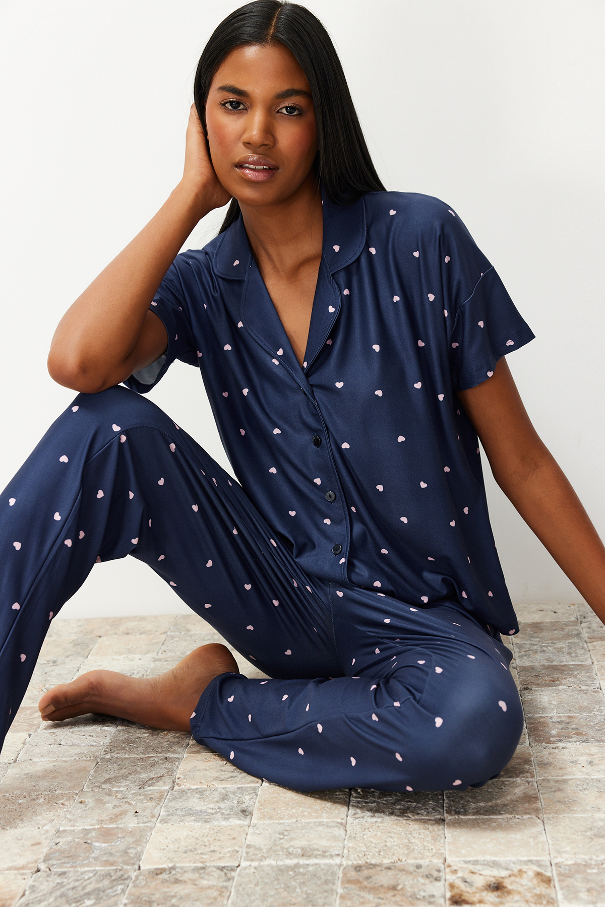 Trendyolmilla  Lacivert Kalpli Örme Pijama Takımı THMSS24PT00286 - Görsel 3