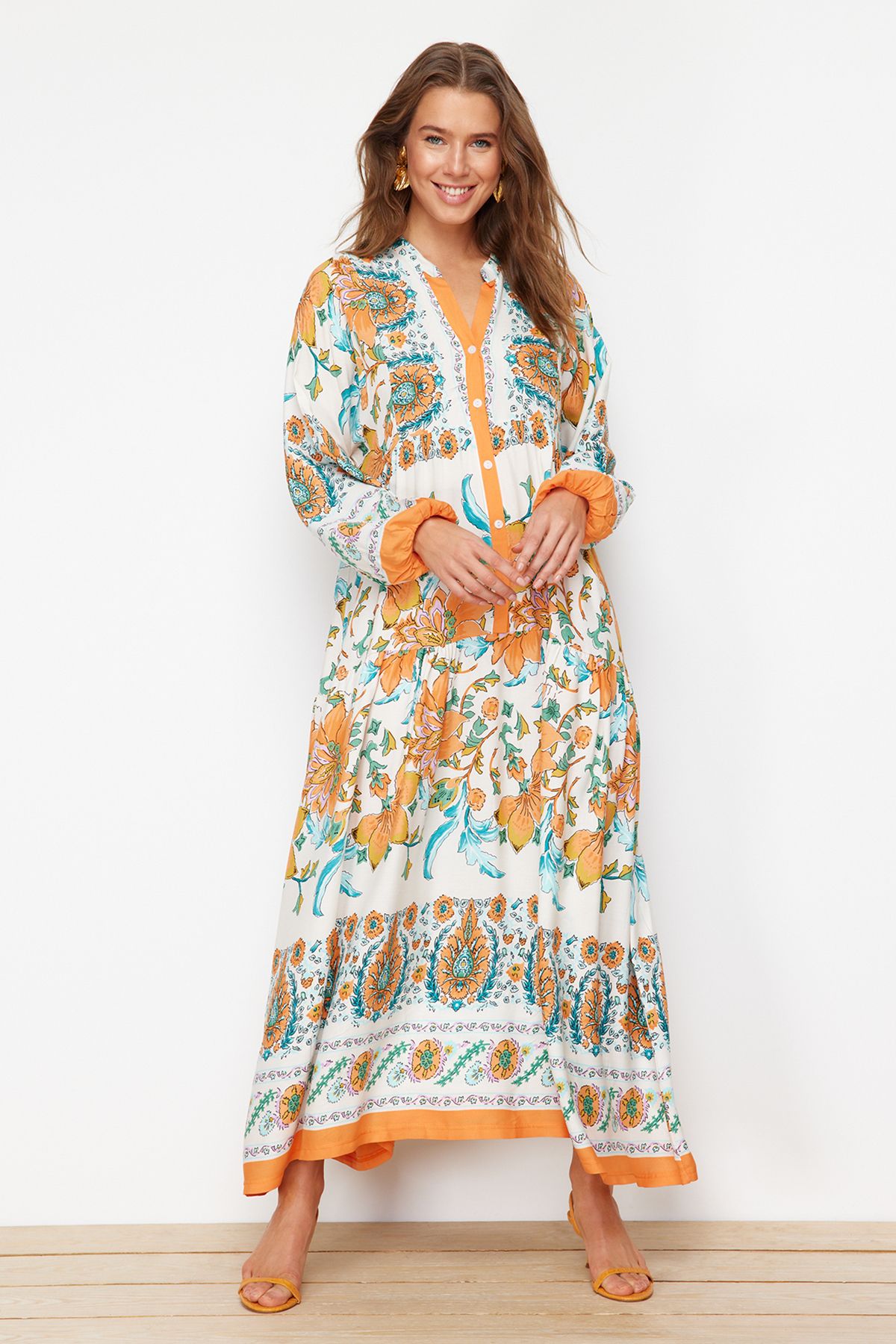 Trendyol Modest-فستان منسوج من الفيسكوز باللون البرتقالي TCTSS24EB00221 1