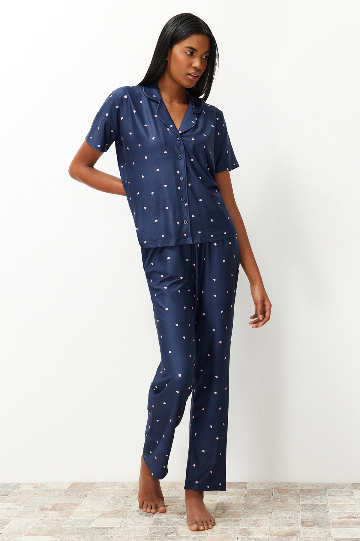 Trendyolmilla  Lacivert Kalpli Örme Pijama Takımı THMSS24PT00286 - Görsel 2