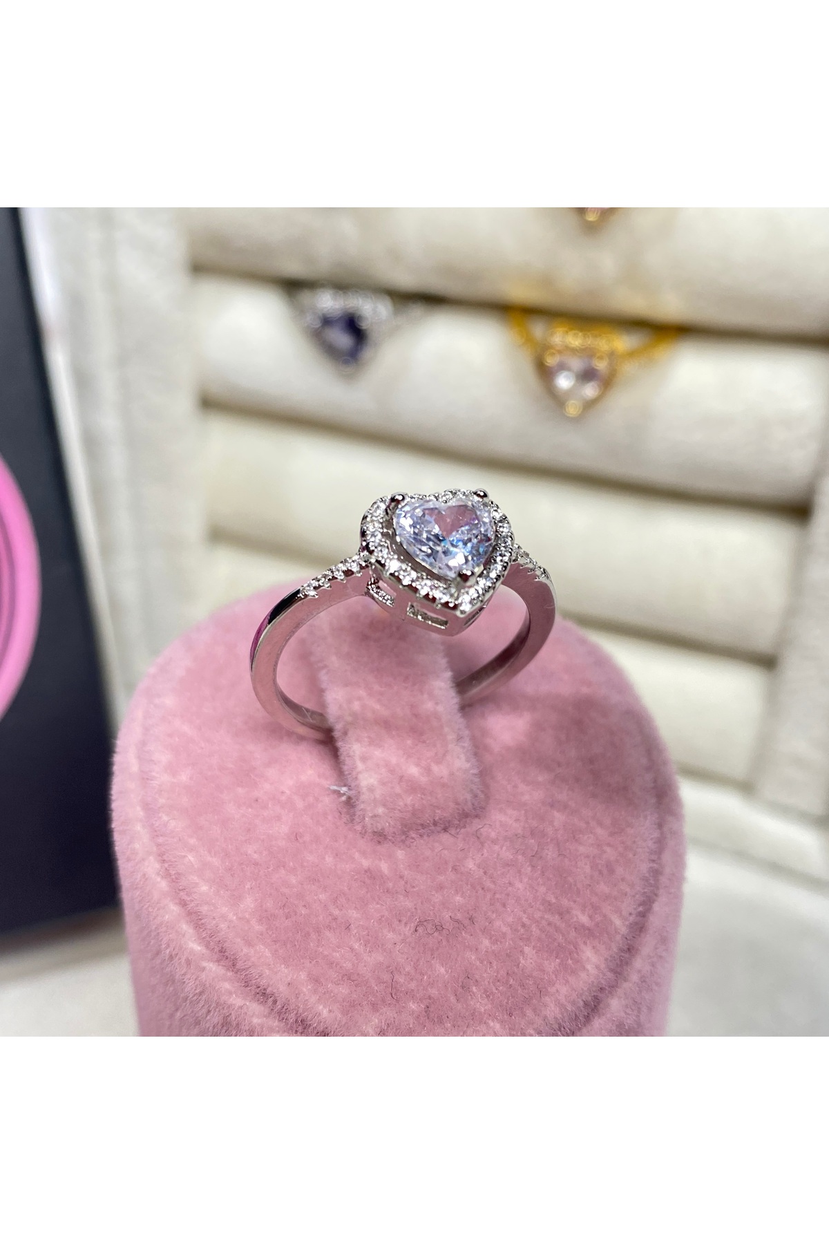 Gümüş Kalp Temalı Kolye Yüzük Bileklik Küpe Set , Özel Tasarım Pembe Kalp İşlemeli  Gümüş Set 5