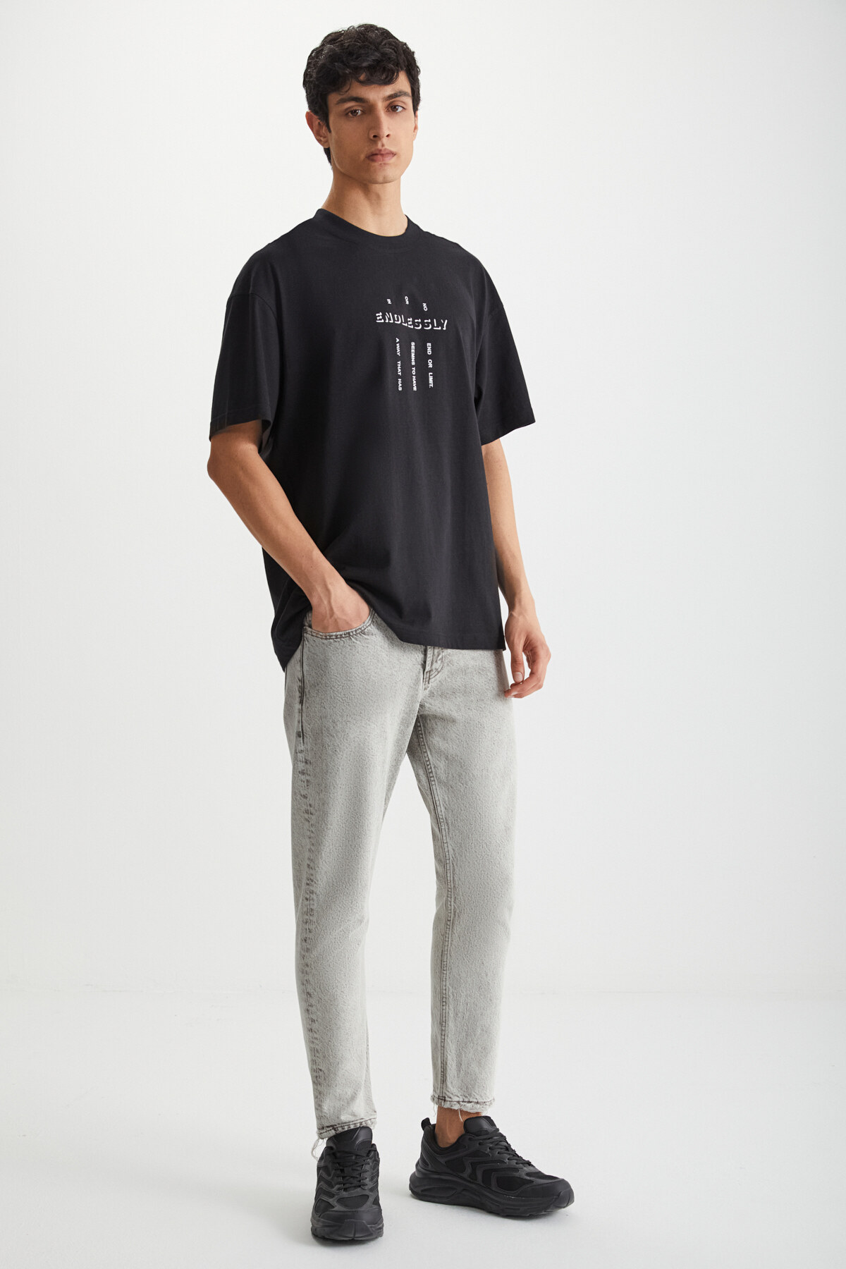 GRIMELANGE  RAMADANP017 Erkek %100Pamuk Bisiklet Yaka Baskılı Siyah T-Shirt - Görsel 3