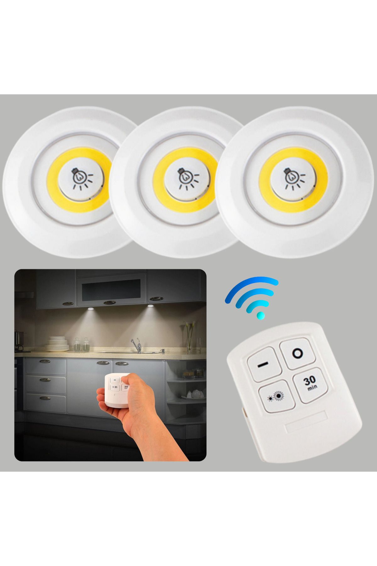 Kumandalı Led Spot Lamba Pilli Kablosuz Yapışkan Montaj 3 lü Set Led Işık