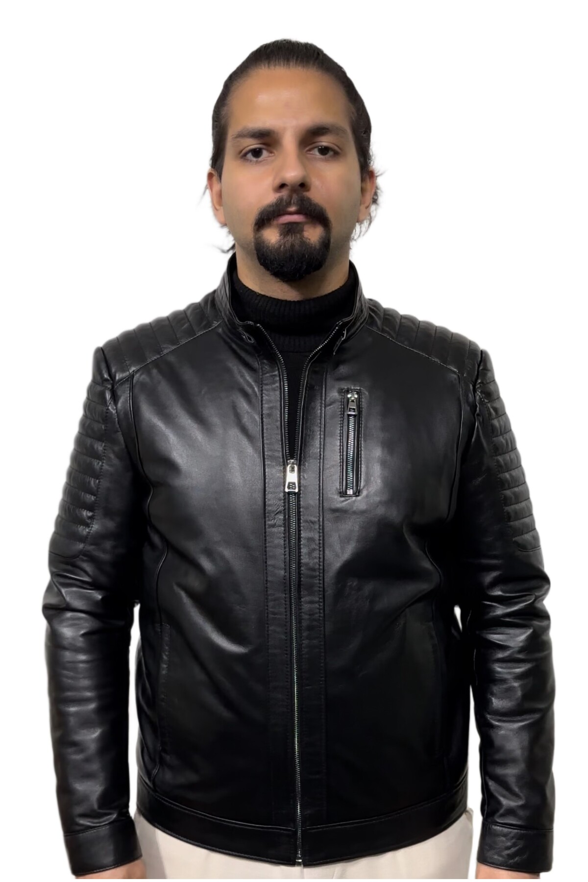 db deriburada original Erkek Motorcu Model Siyah Hakiki Deri Mont