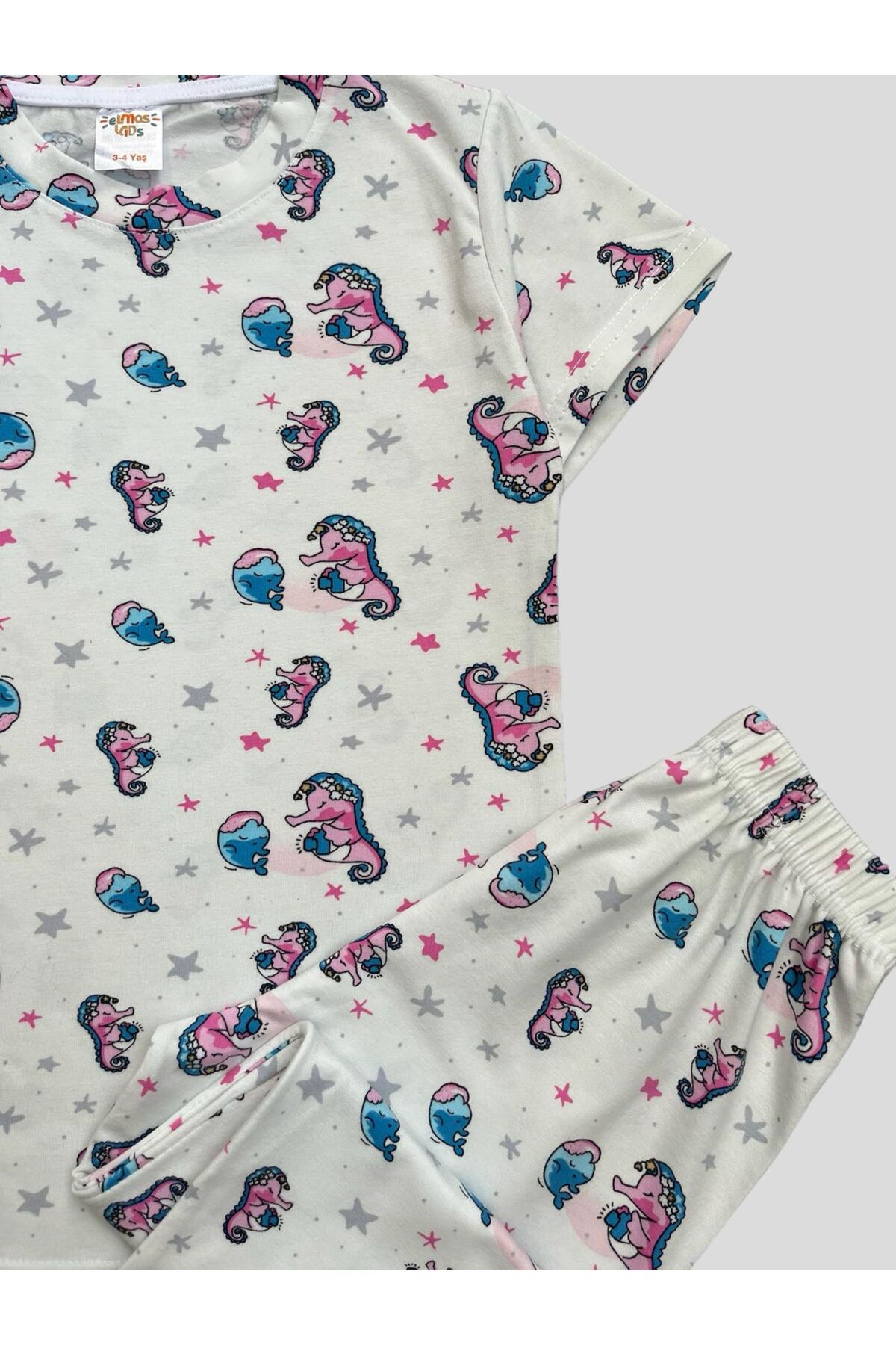 elmas kids Kız Çocuk %100 Pamuklu Deniz Atı Desenli Beyaz Kısa Kollu Yazlık Pijama Takımı fotoğrafı 2 (önizleme)