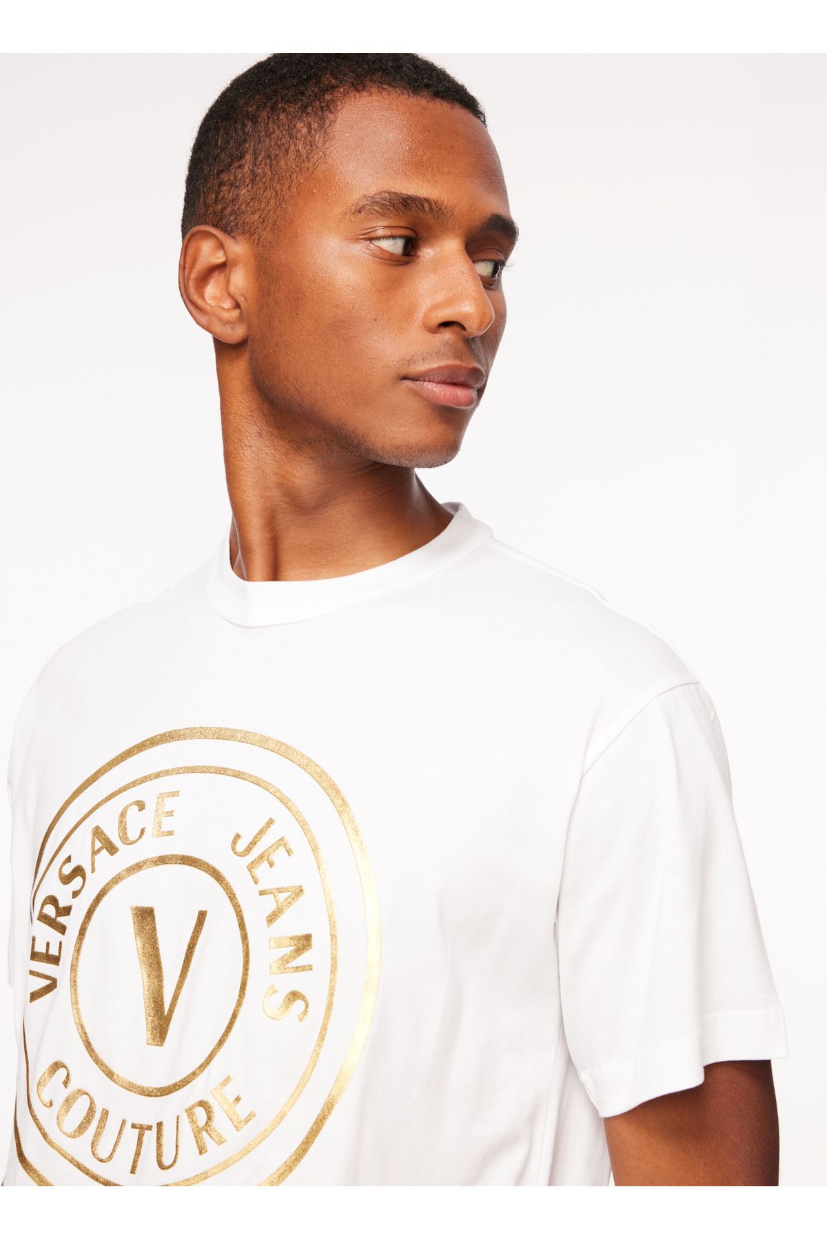 VERSACE JEANS COUTURE Bisiklet Yaka Beyaz Erkek T shirt 75gaht05cj00tg03 Erkek Giyim