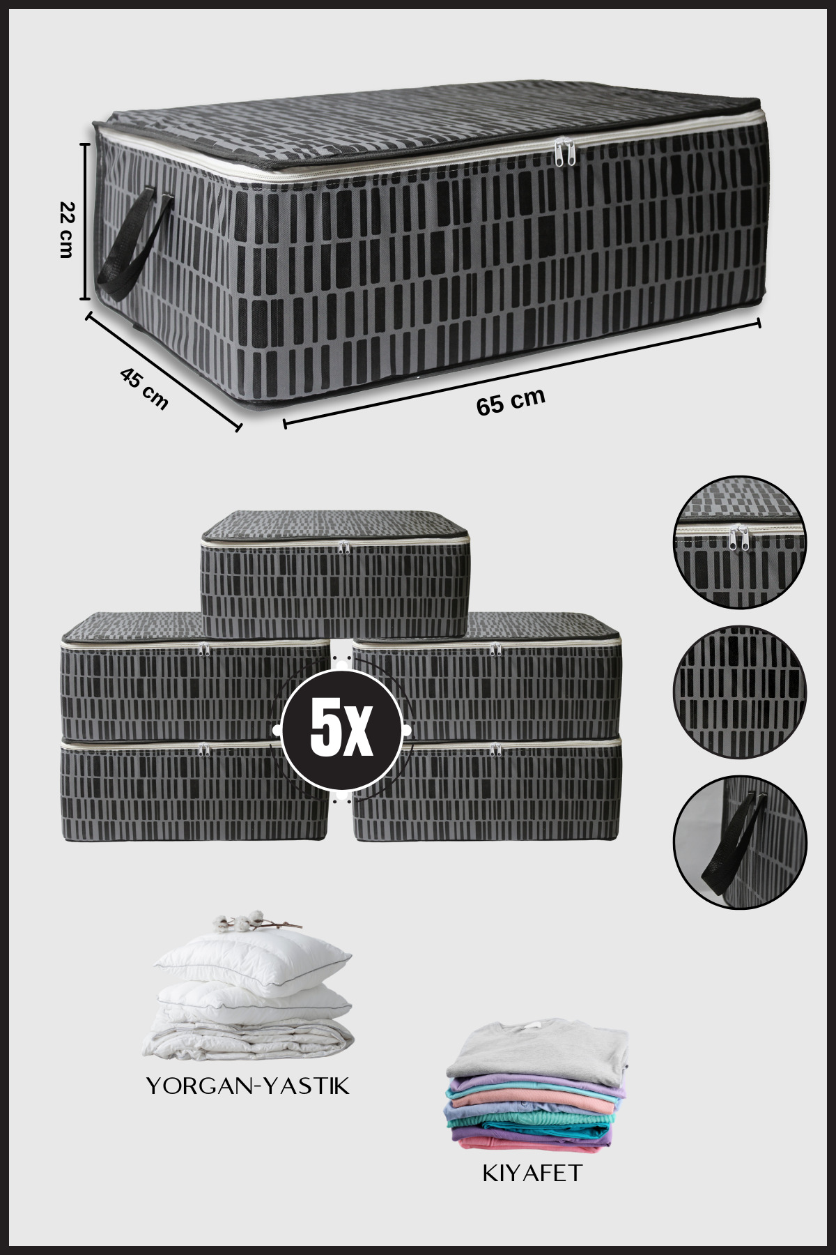 5 Pcs Large Size Under Base Hurc Clothes Hurc Organizer Storage Bag 65x45x22 (Zebra-Anthracite)
