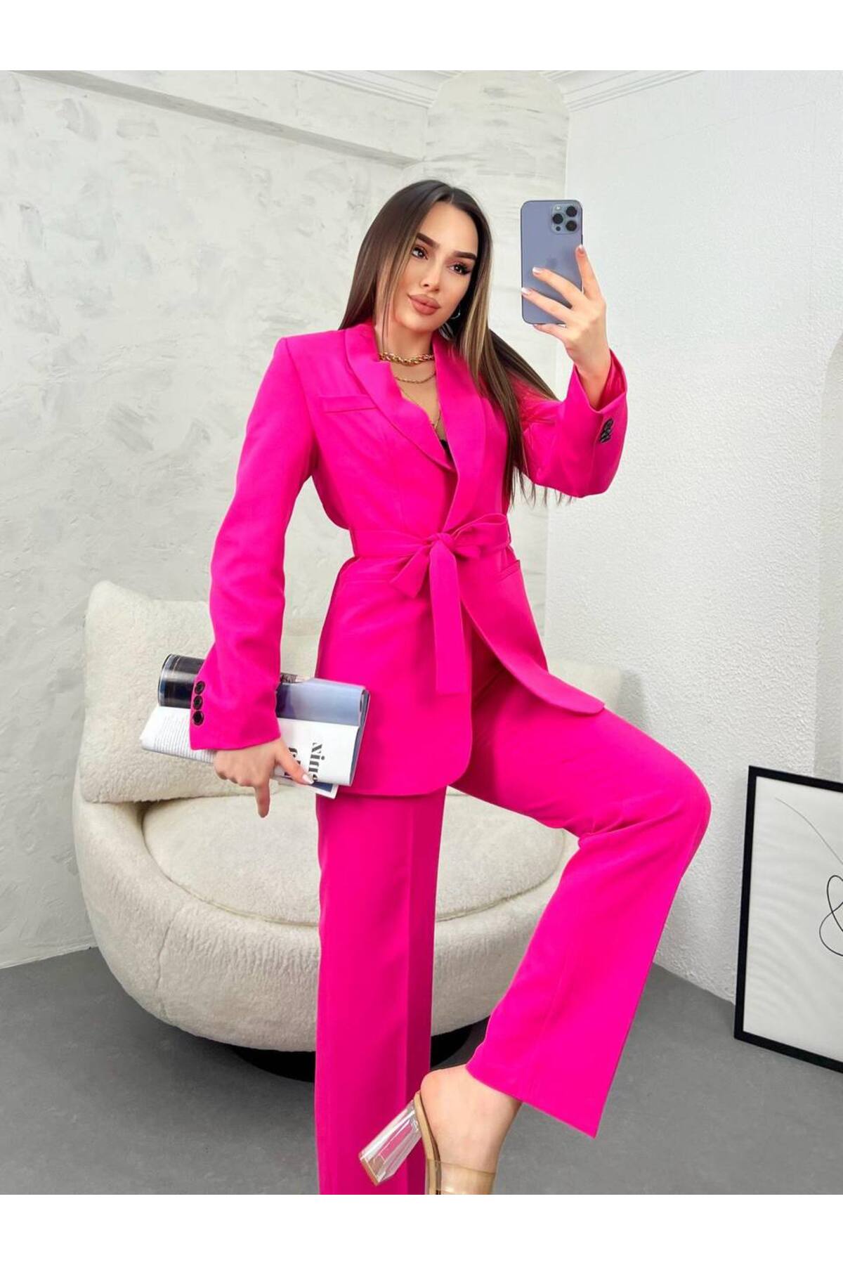 Kadın Kemerli Şal Yaka Blazer Ceket Takım Elbise Pembe
