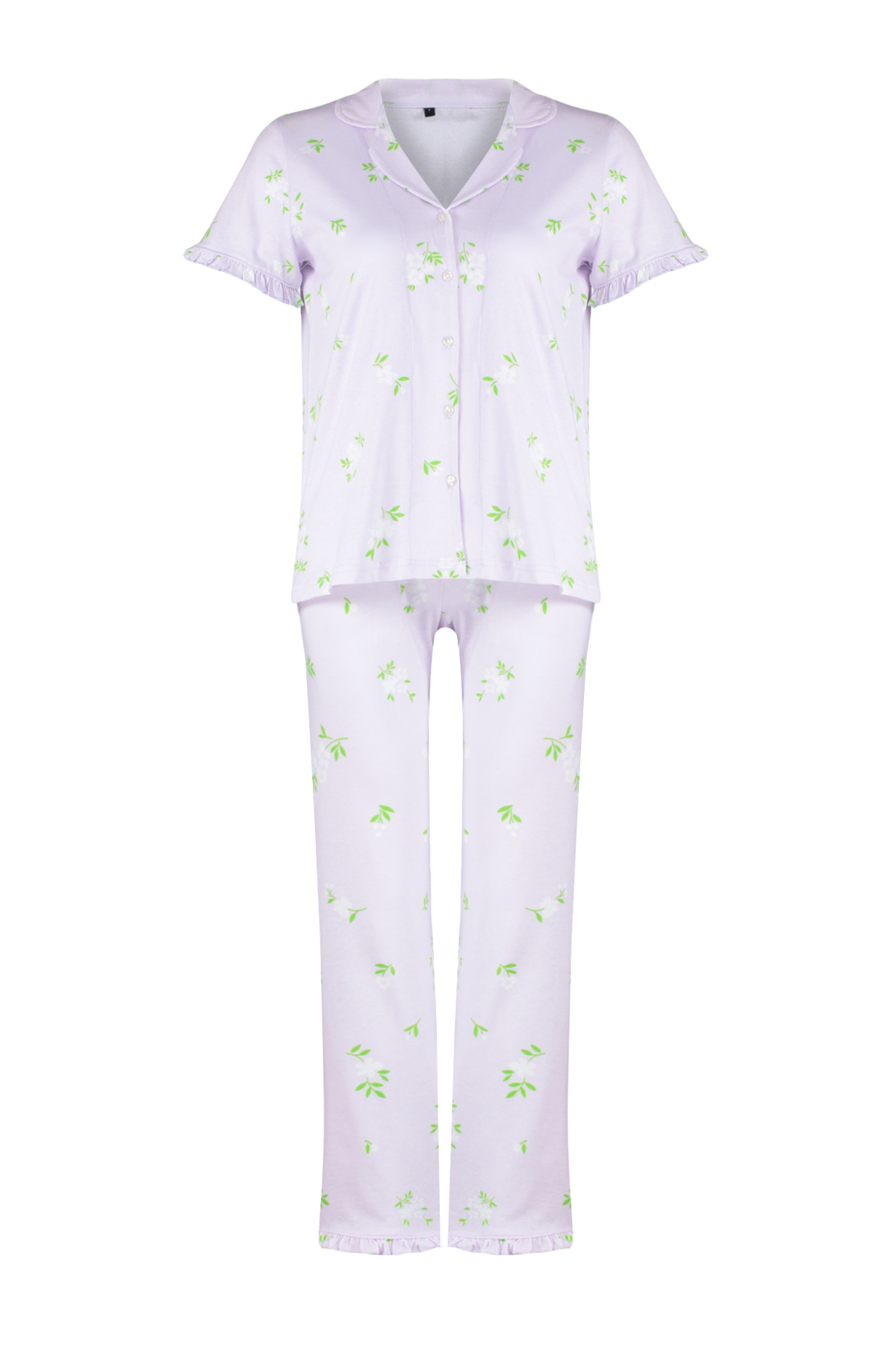 Trendyolmilla  Pembe-Çok Renkli %100 Pamuklu Çiçekli Fırfır Detaylı Örme Pijama Takımı THMSS24PT00227 - Görsel 7