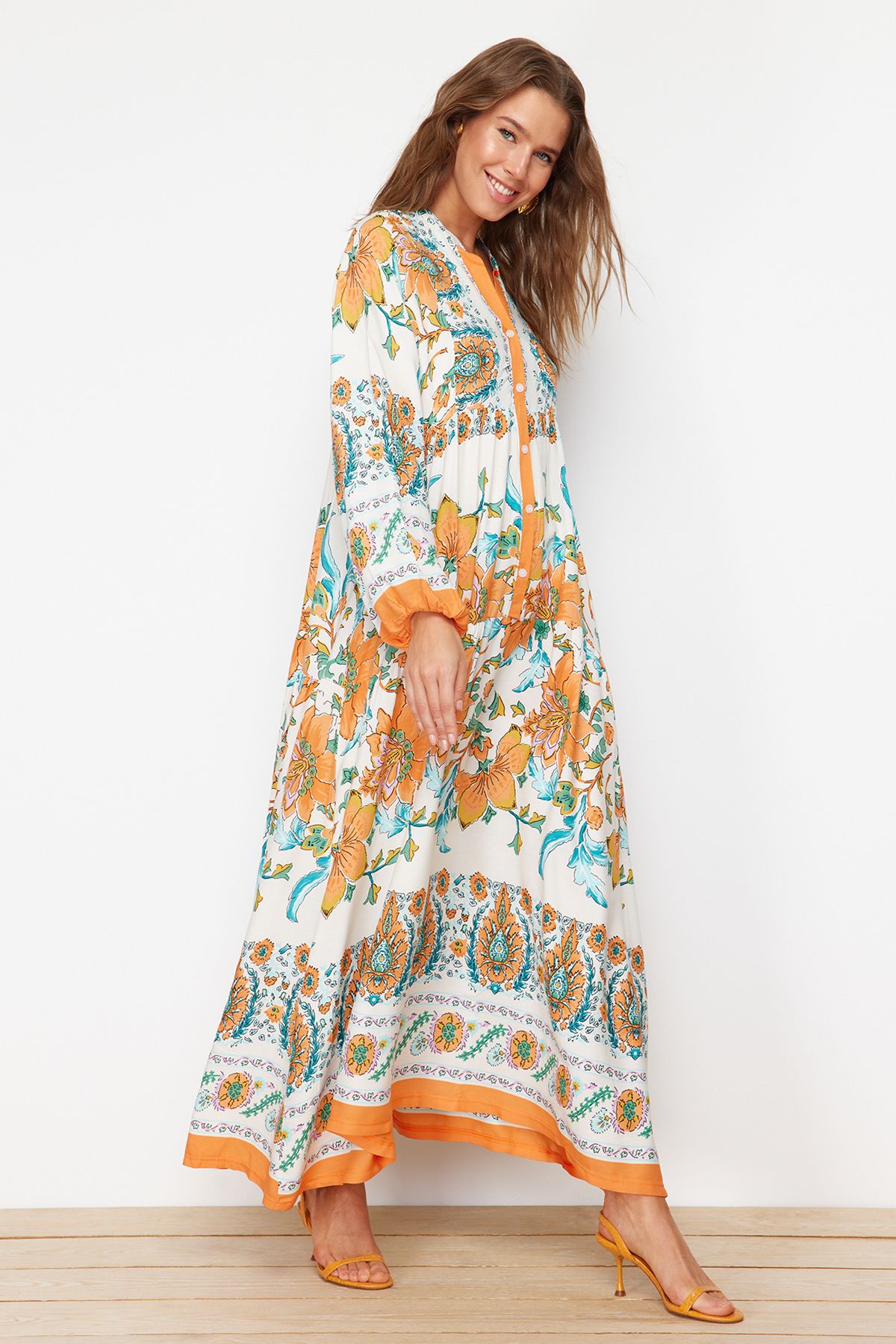 Trendyol Modest-فستان منسوج من الفيسكوز باللون البرتقالي TCTSS24EB00221 3