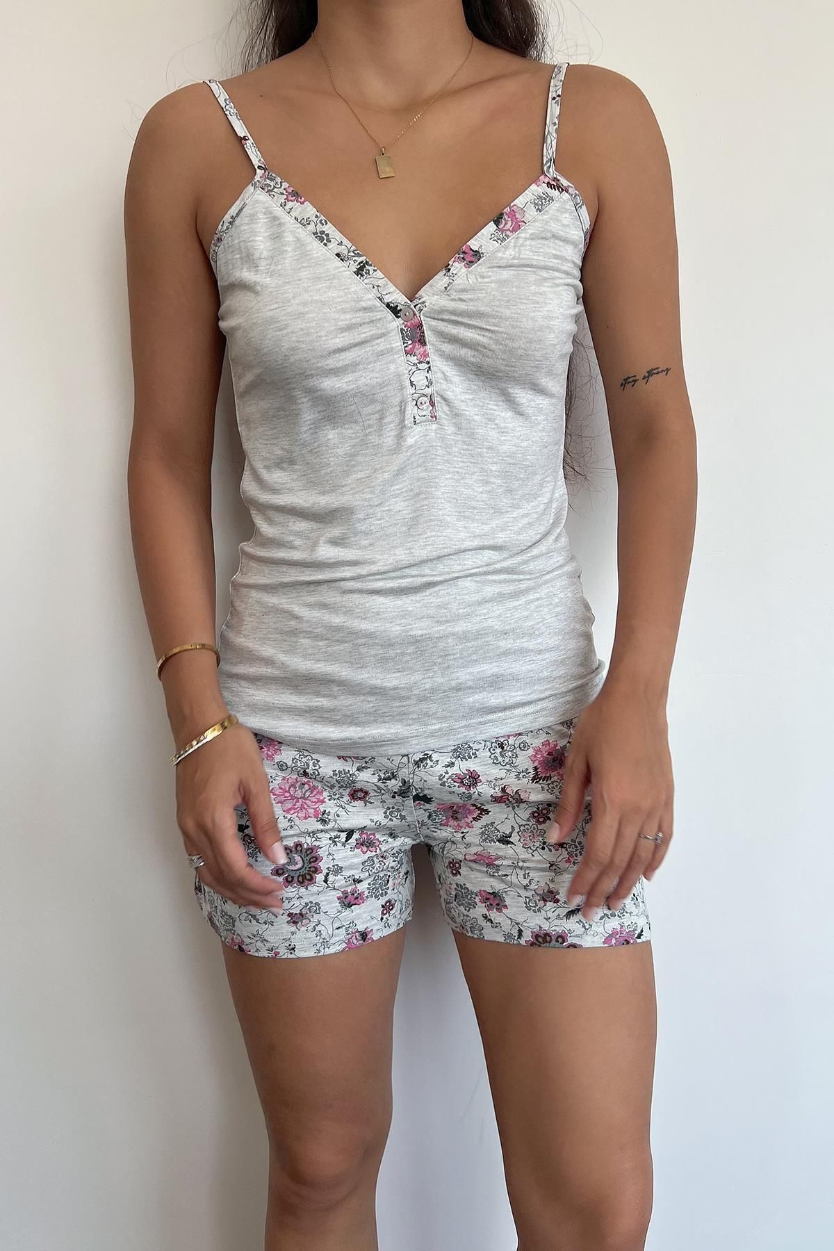 misigo-Floral Patterned Buttoned Front Strappy Shorts Set Gray 1