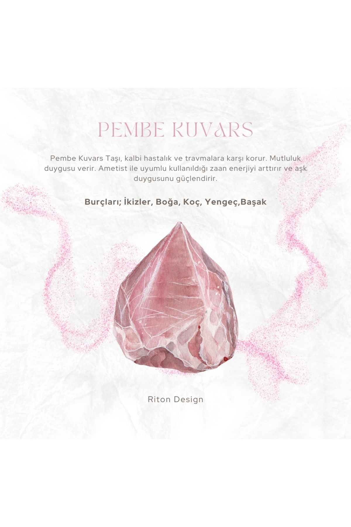 Pembe Kuvars Taşı Bileklik Burçları; İkizler, Boğa, Koç, Yengeç,Başak