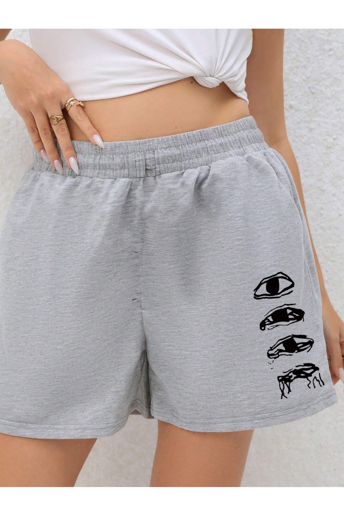 MODARİCH-Eyes Shorts - Gray Printed High Waist Knitted Women's Pockets 1