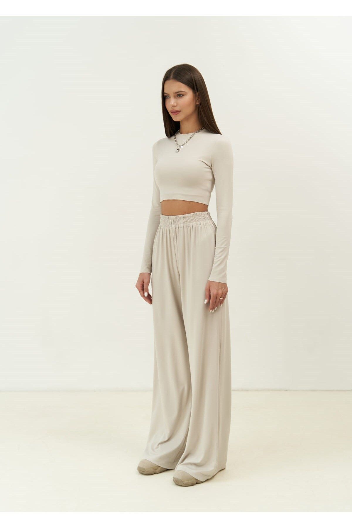 MAİ COLLECTİON-Jany Long Sleeve Stone Crop Trousers Set 3