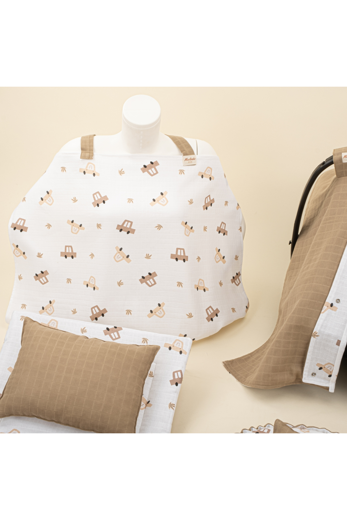 Yunikobaby Müslin 18 Parça Puset Seti,Babynest,Emzirme Yastığı ve Önlüğü - Toprak Muslin - Kahverengi Arabalar fotoğrafı 2 (önizleme)
