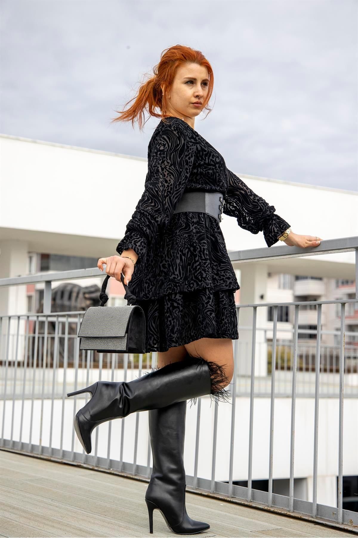 FS KOMBİN-Delona Women's Black Leather Feather Detail Design Below the Knee Thin Heeled Boots 6