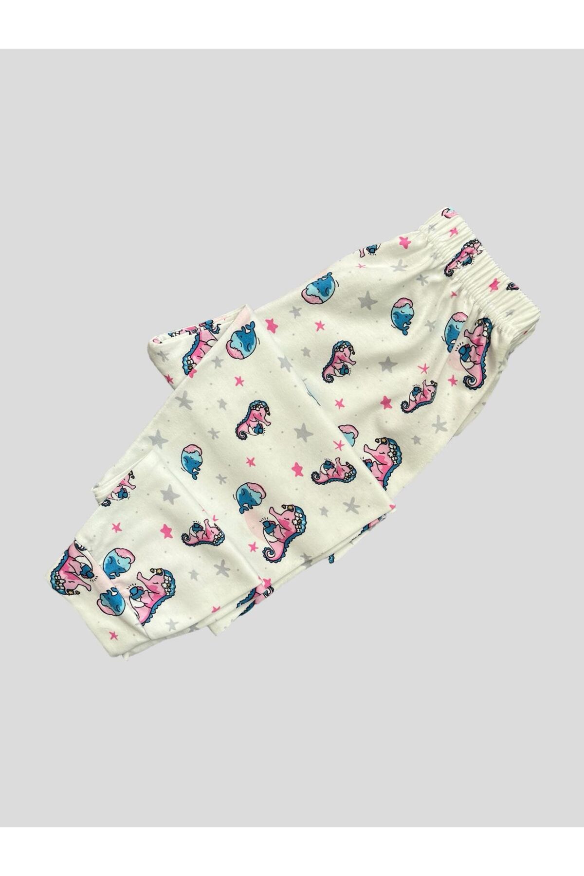 elmas kids Kız Çocuk %100 Pamuklu Deniz Atı Desenli Beyaz Kısa Kollu Yazlık Pijama Takımı fotoğrafı 5 (önizleme)