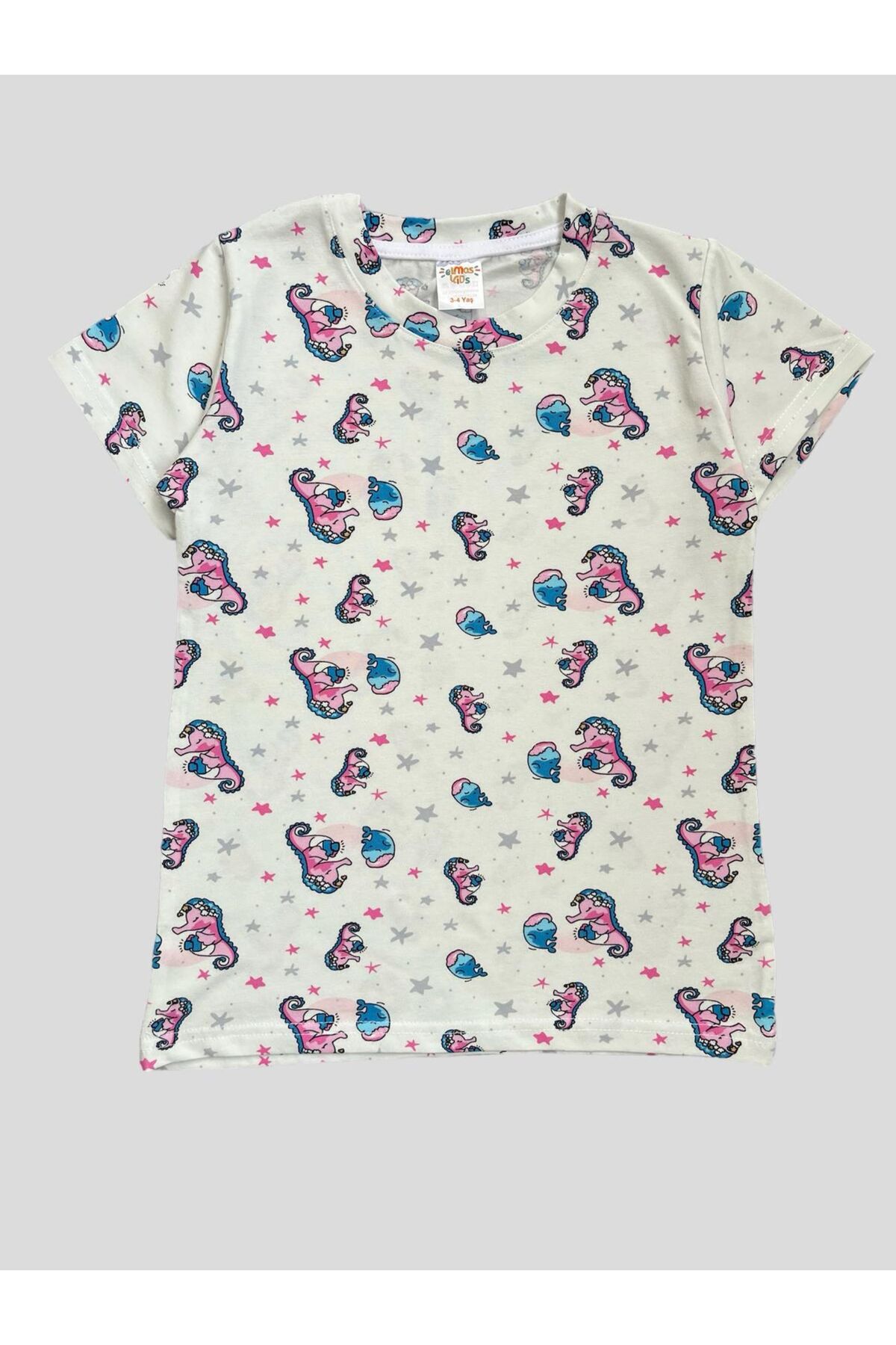 elmas kids Kız Çocuk %100 Pamuklu Deniz Atı Desenli Beyaz Kısa Kollu Yazlık Pijama Takımı fotoğrafı 4 (önizleme)