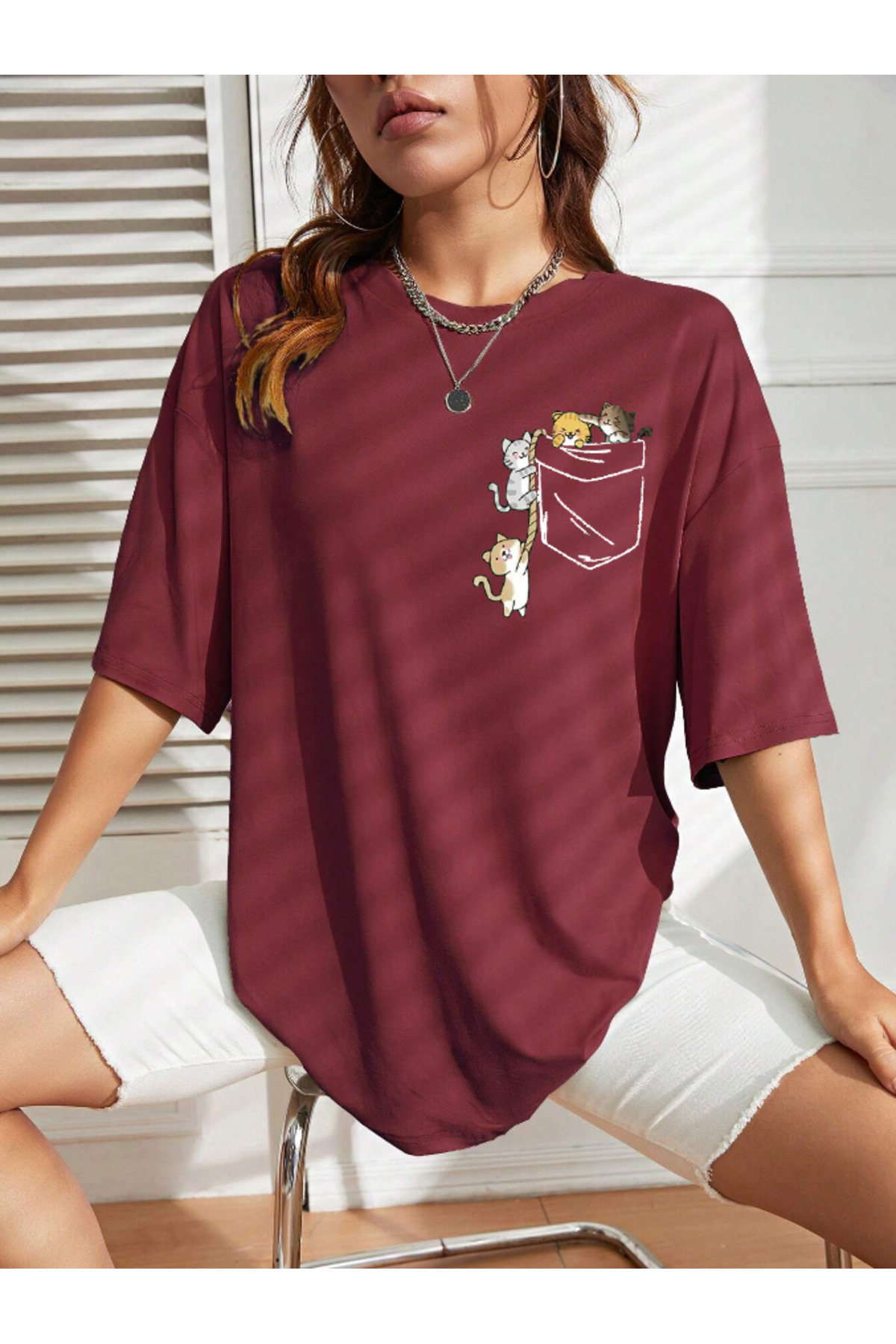 Revasser  Unisex Kadın/Erkek CAT Renkli Özel Baskılı Oversize Pamuk Bisiklet Yaka Penye T-Shirt - Görsel 4