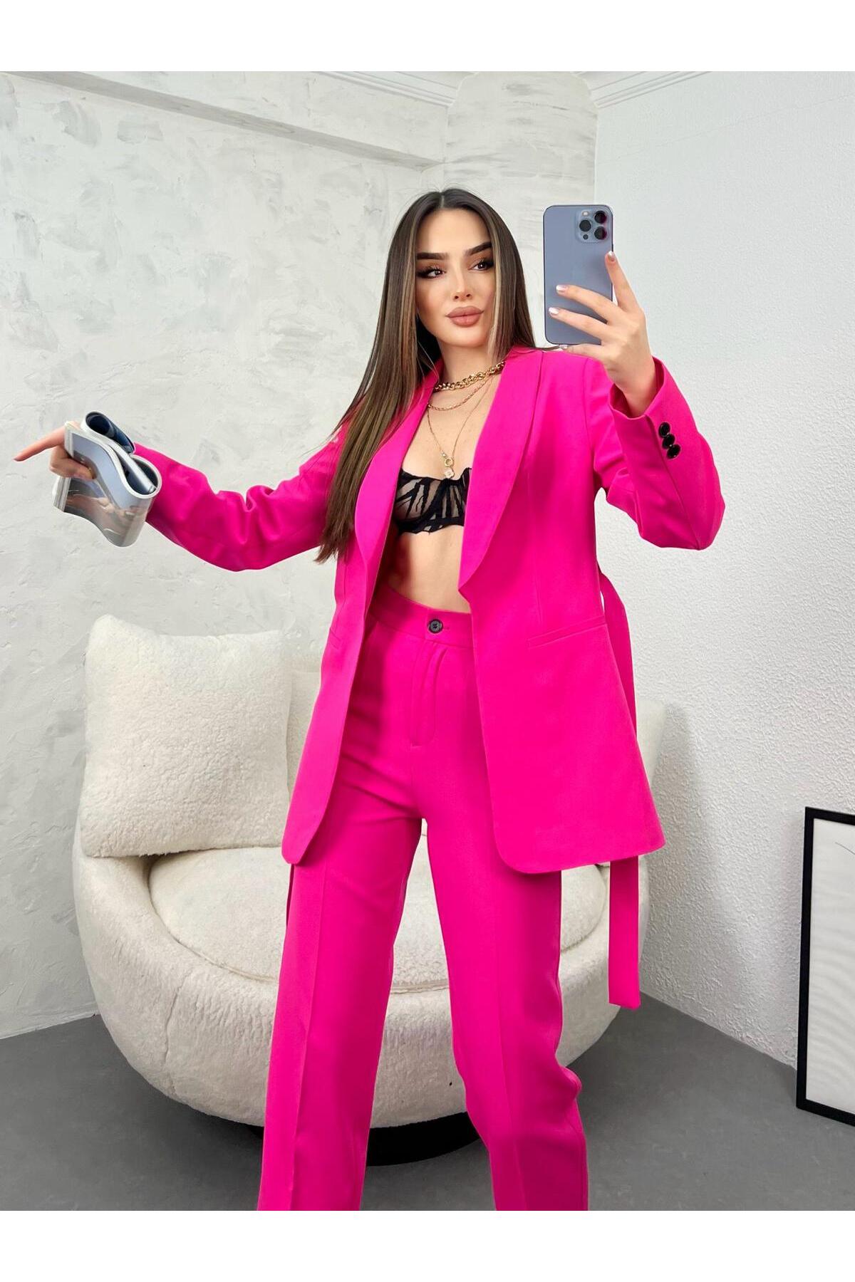 Kadın Kemerli Şal Yaka Blazer Ceket Takım Elbise Pembe