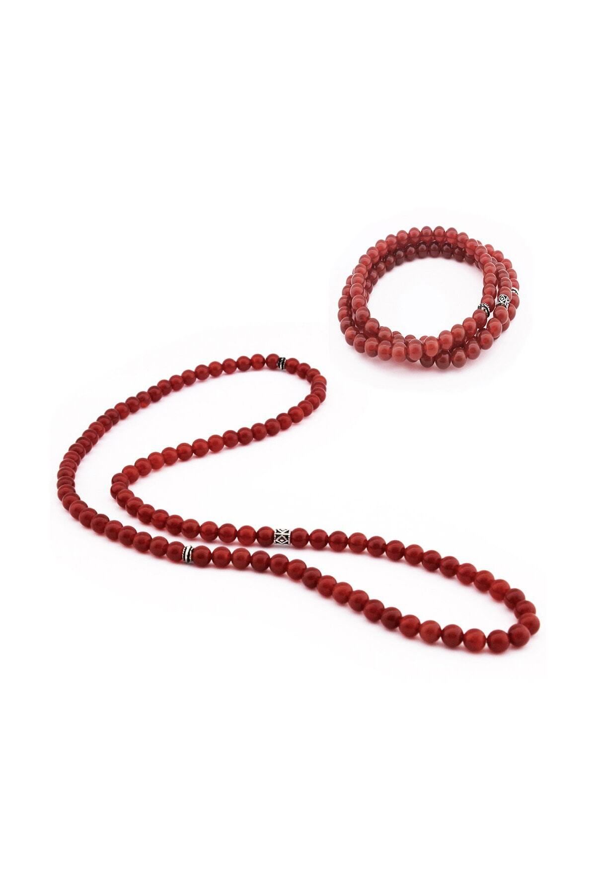 Tesbihane-Both Bracelet - Both Globe Cut 99 Pieces Red Agate Natural Stone Rosary104000290 4