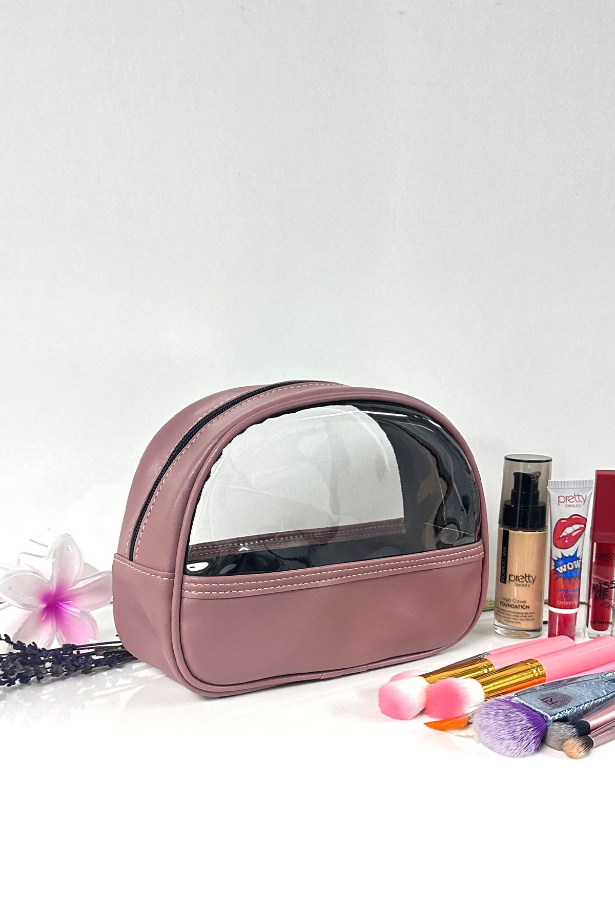 SECREX Geantă De Machiaj Piele Vegană Transparentă Detaliată Suport Stilou Geantă Cosmetică Dusty Rose - One Size
